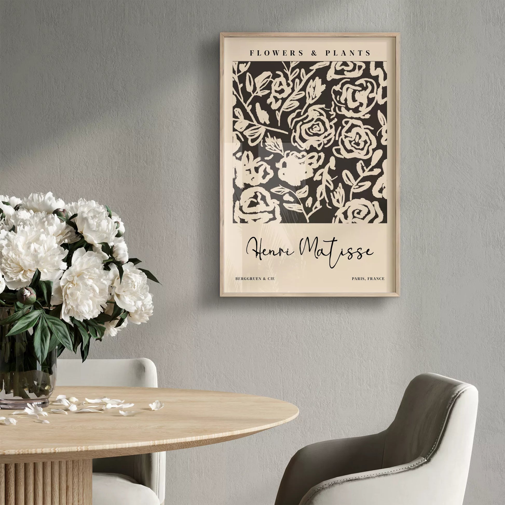 モノクロの花柄アートプリント、マティスインスパイアされた白黒の植物デザイン