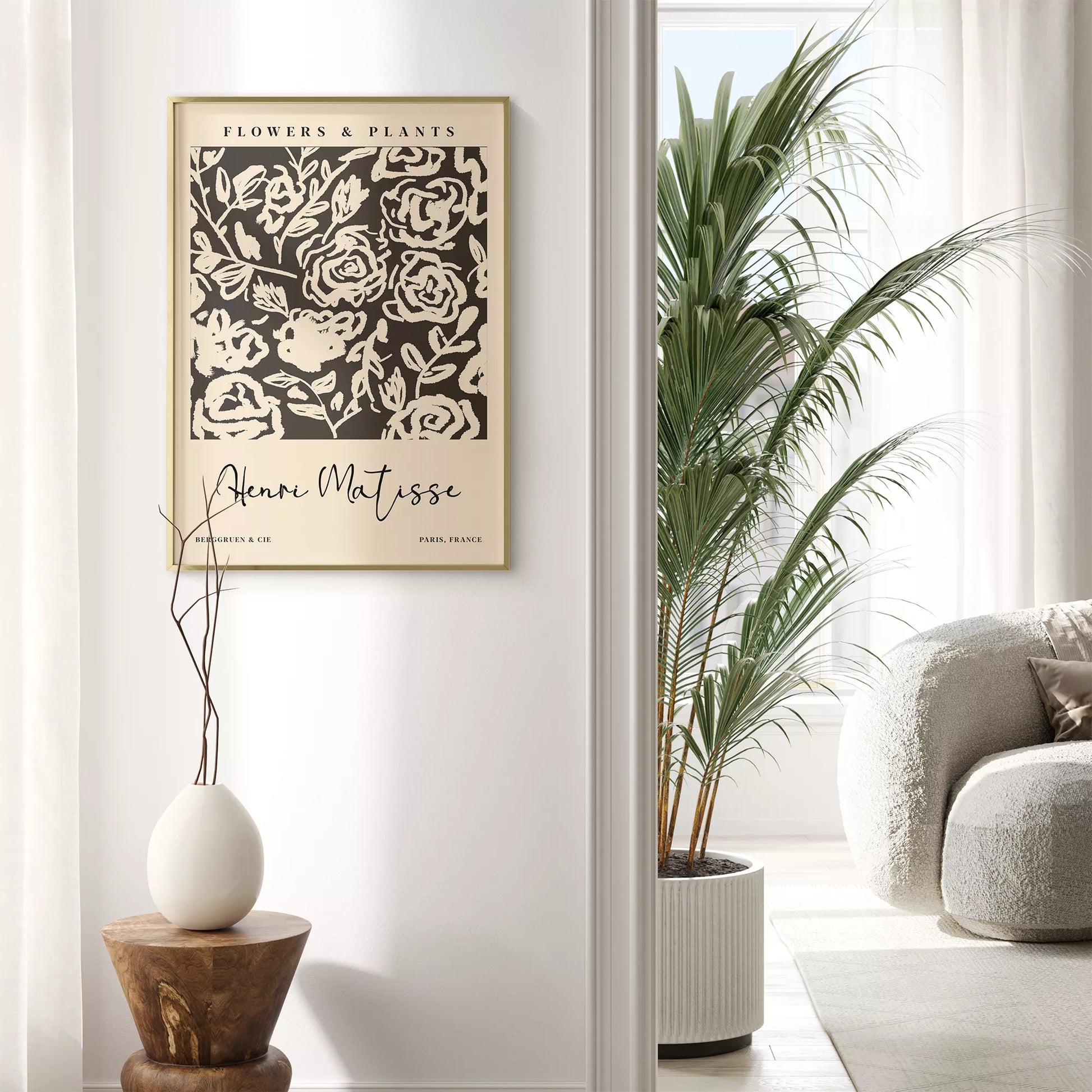 モノクロの花柄アートプリント、マティスインスパイアされた白黒の植物デザイン