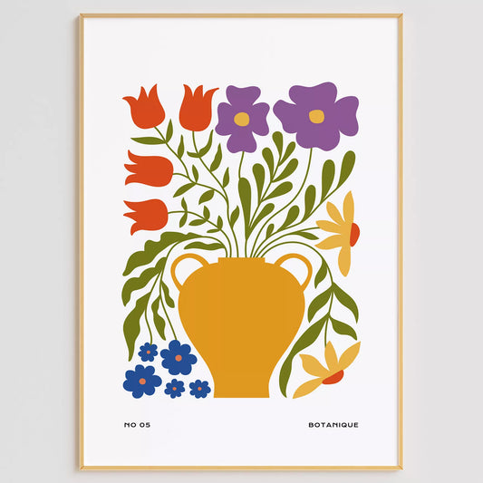 北欧デザインの花瓶と花束のボタニカルアートポスター オレンジ花瓶
