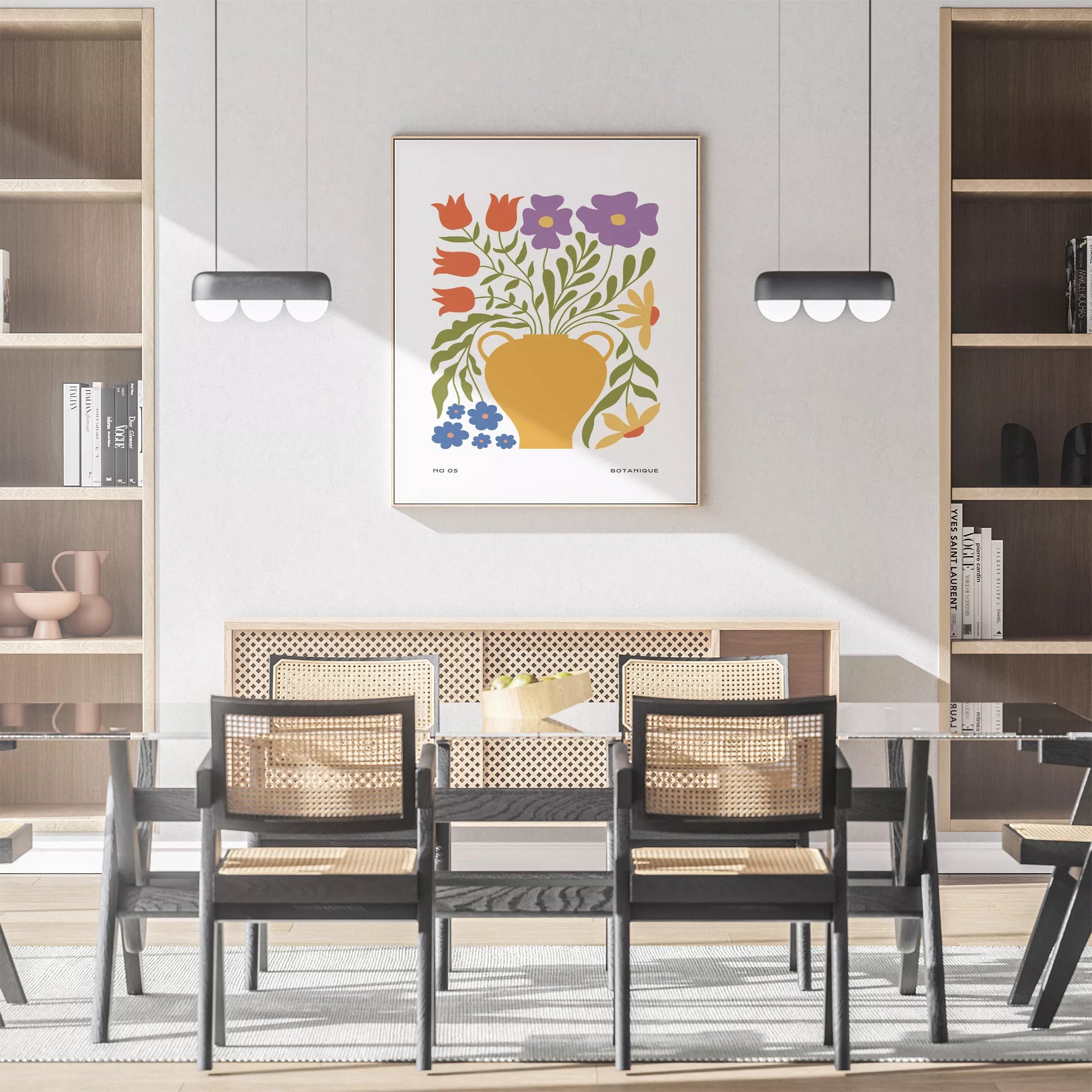 北欧デザインの花瓶と花束のボタニカルアートポスター オレンジ花瓶