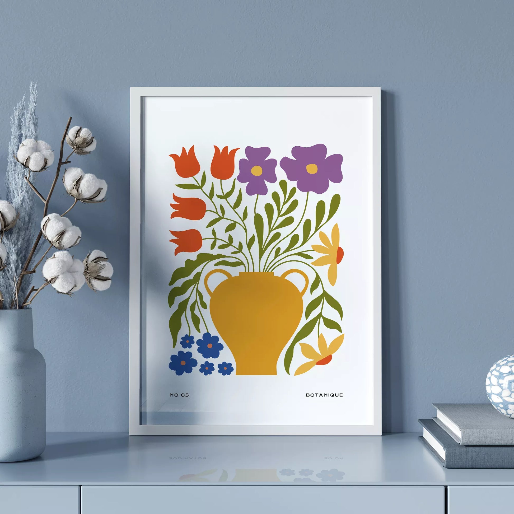北欧デザインの花瓶と花束のボタニカルアートポスター オレンジ花瓶