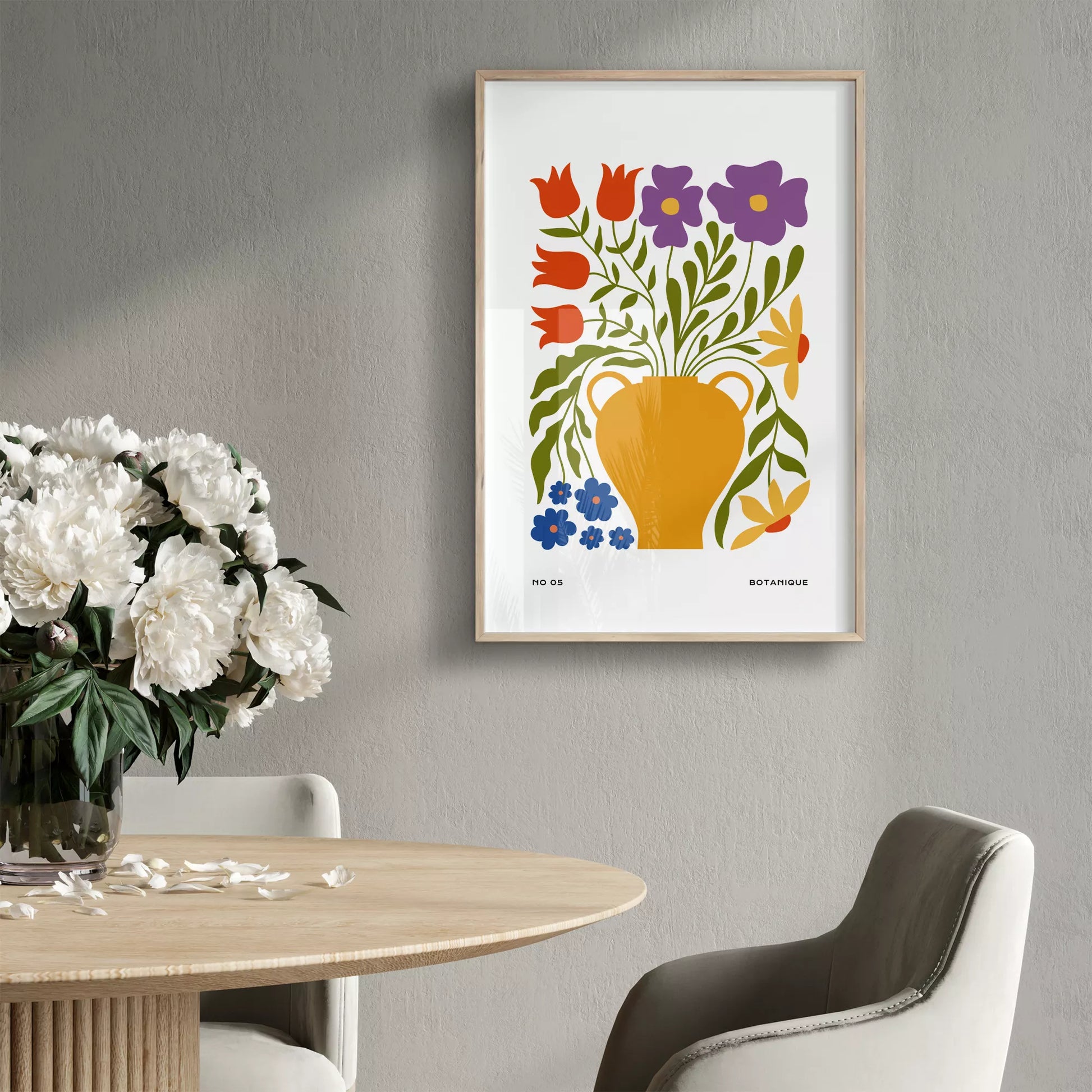 北欧デザインの花瓶と花束のボタニカルアートポスター オレンジ花瓶