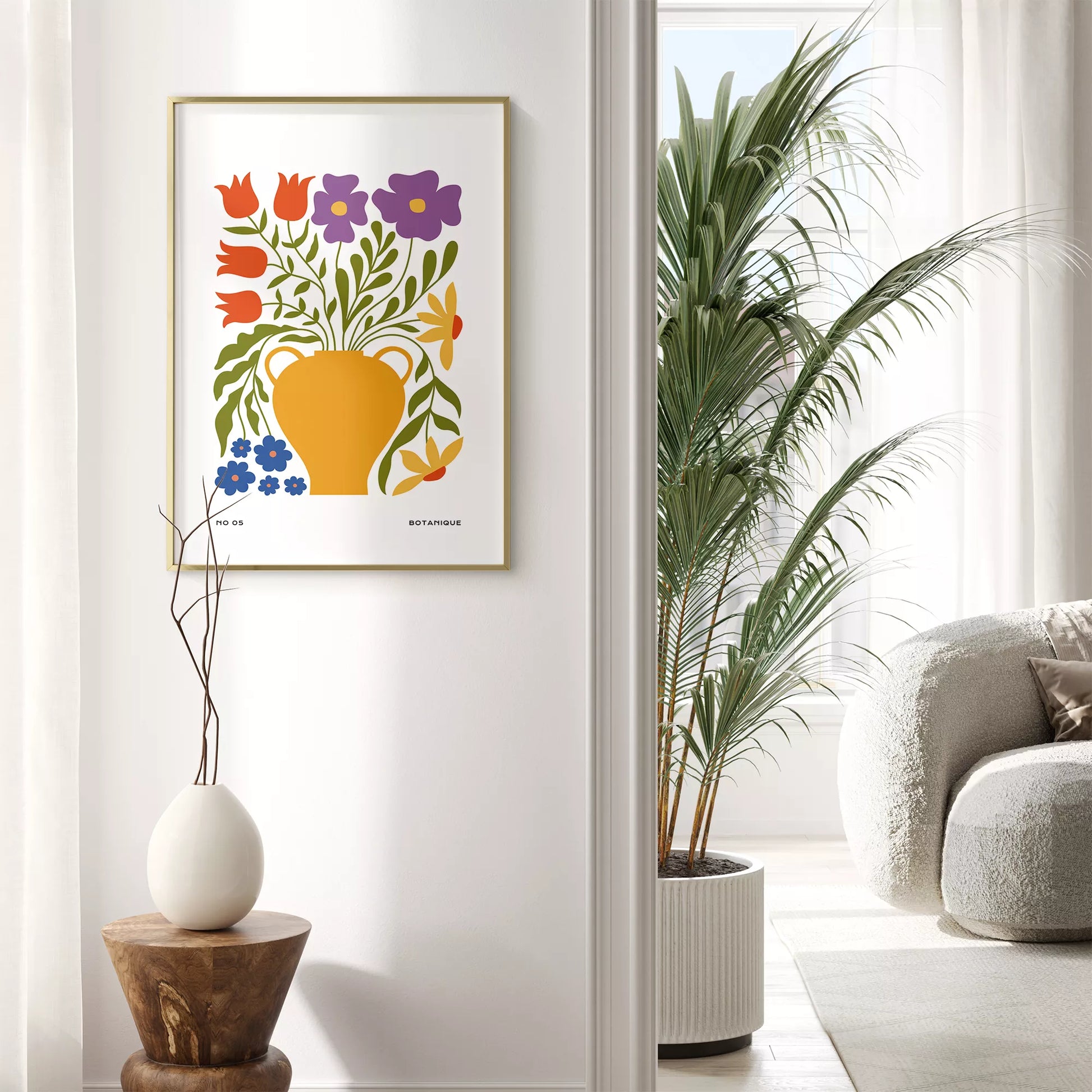 北欧デザインの花瓶と花束のボタニカルアートポスター オレンジ花瓶