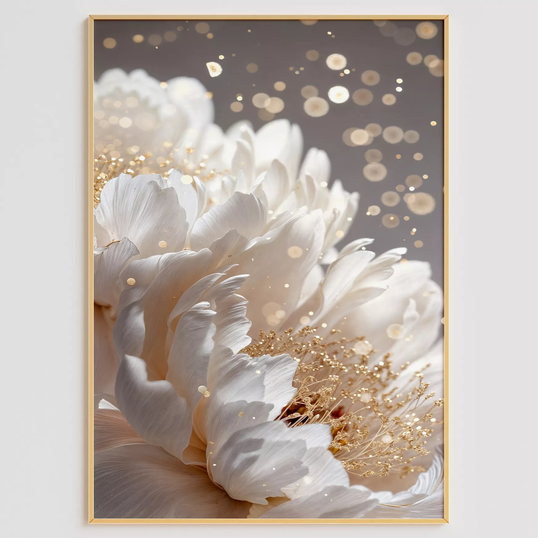 白い花とゴールドアクセントが美しいボタニカルアートポスター
