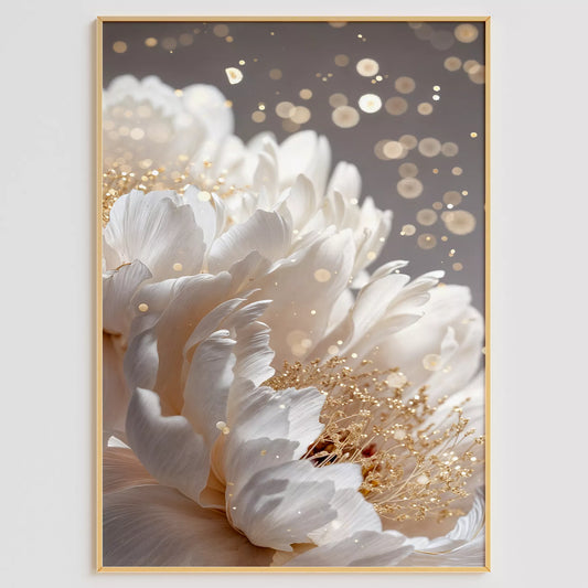 白い花とゴールドアクセントが美しいボタニカルアートポスター