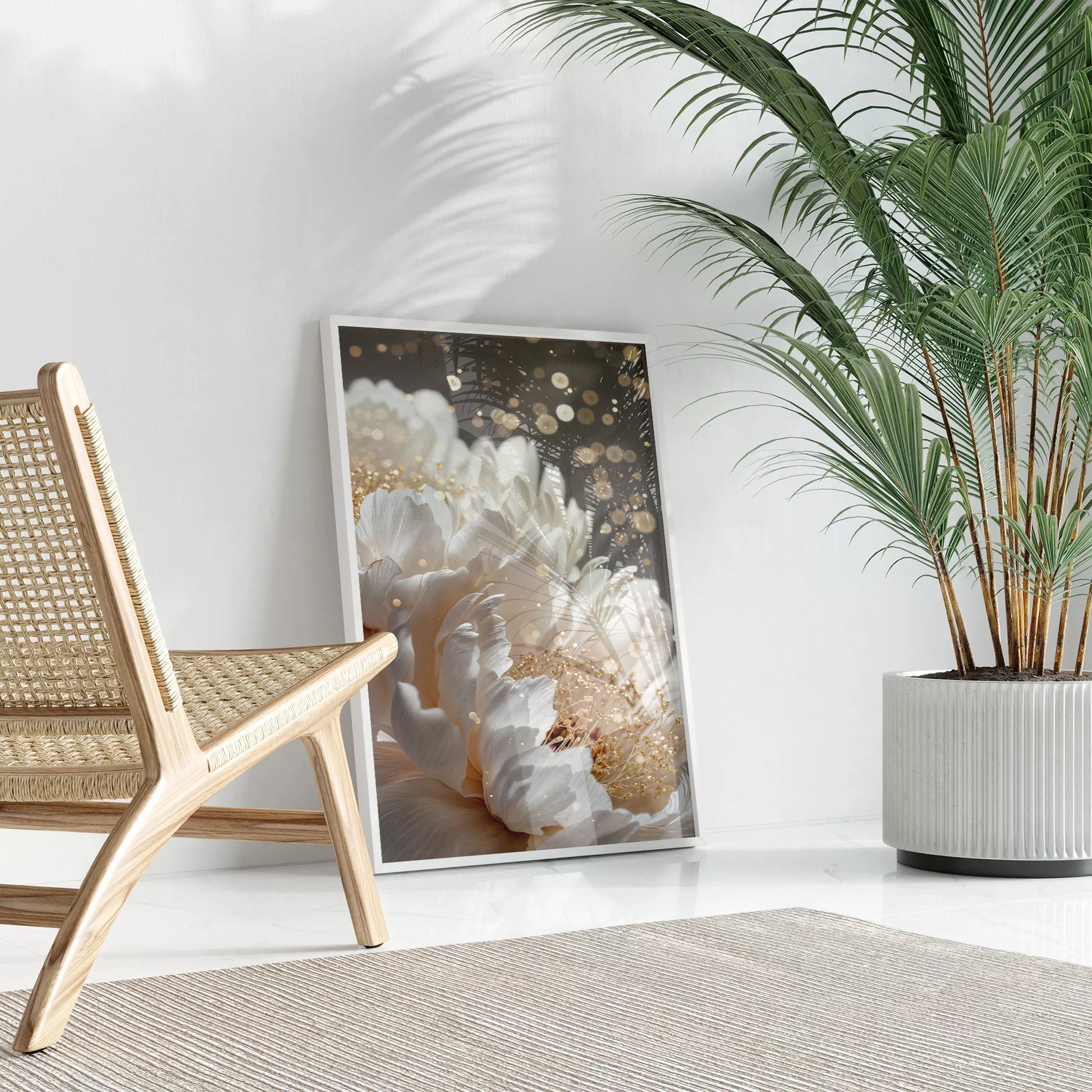 白い花とゴールドアクセントが美しいボタニカルアートポスター