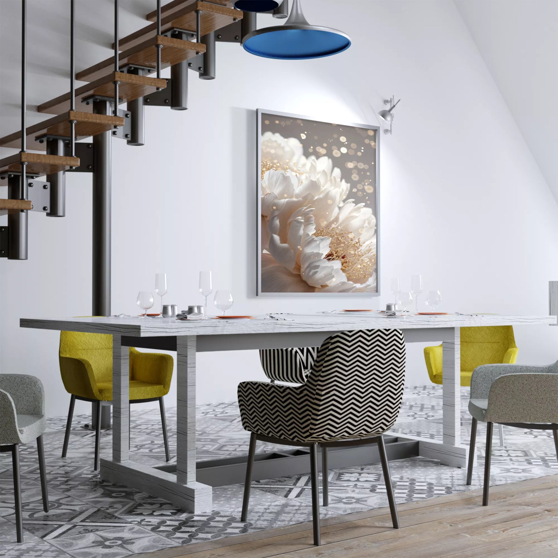 白い花とゴールドアクセントが美しいボタニカルアートポスター