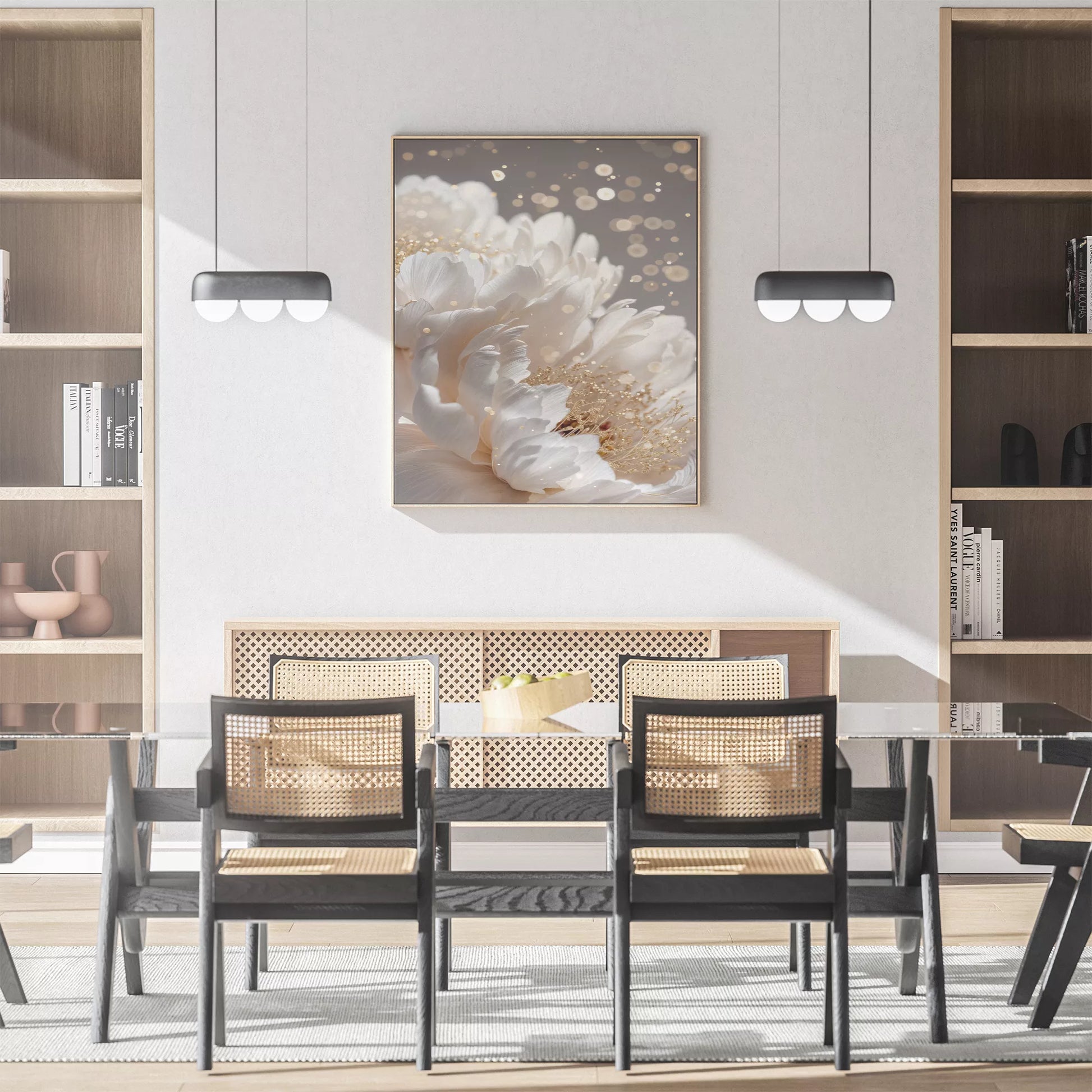 白い花とゴールドアクセントが美しいボタニカルアートポスター