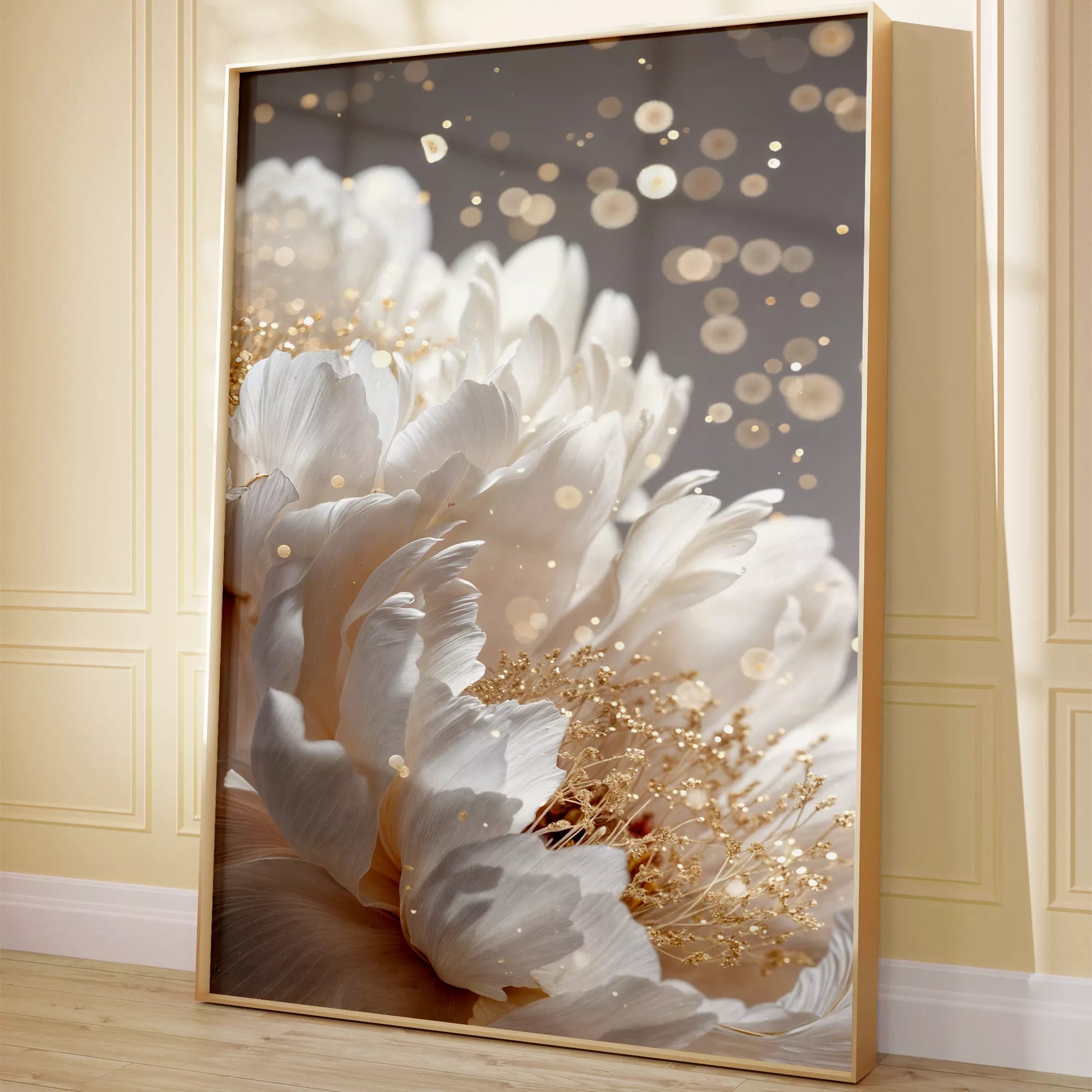 白い花とゴールドアクセントが美しいボタニカルアートポスター