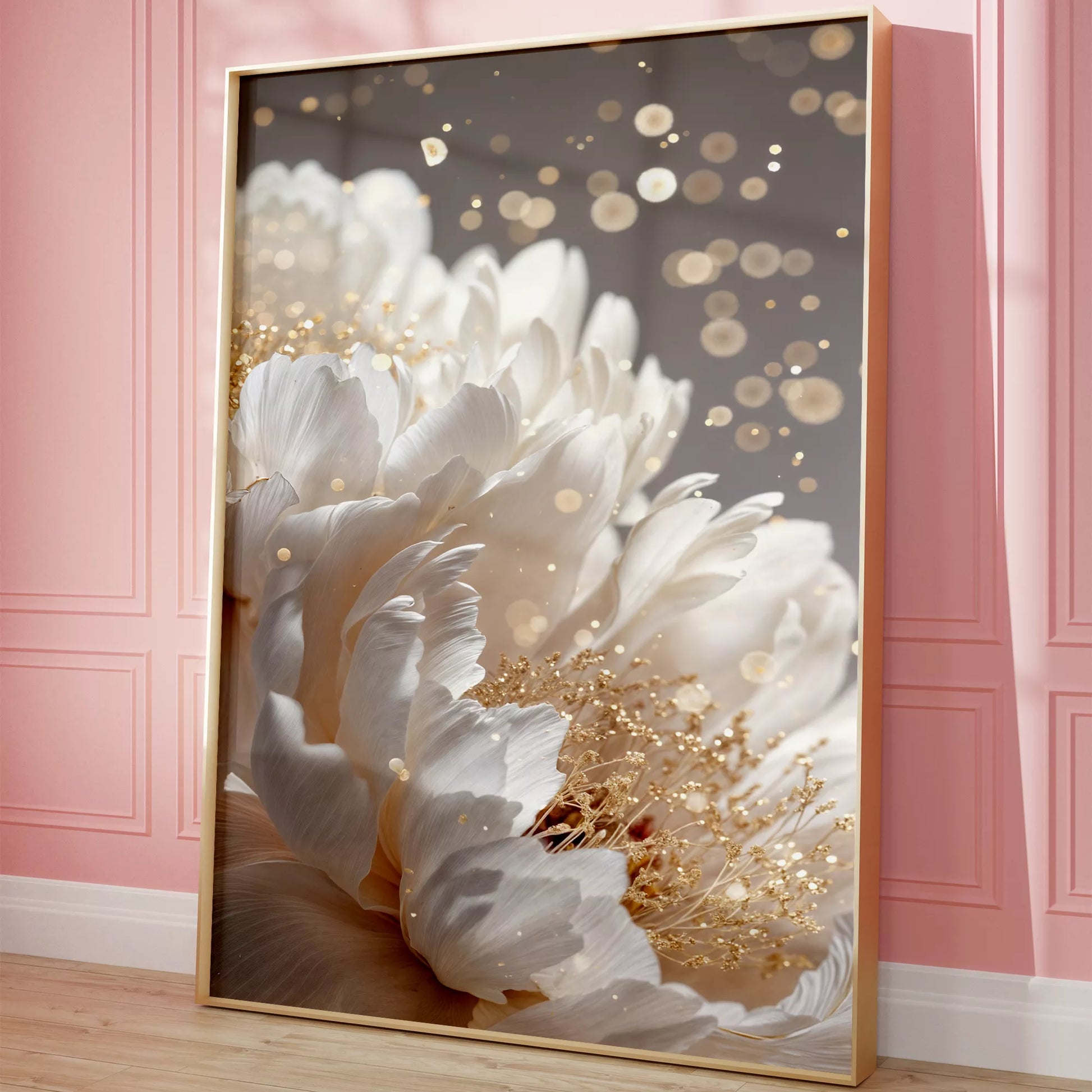 白い花とゴールドアクセントが美しいボタニカルアートポスター