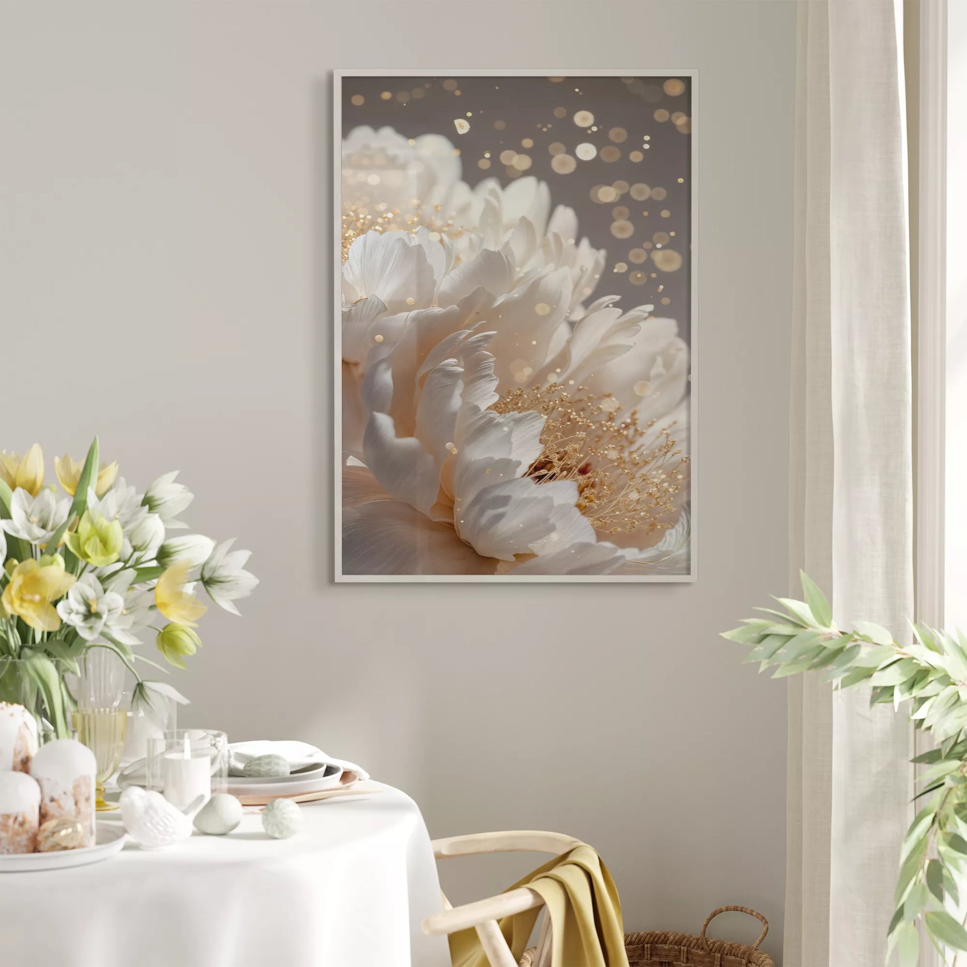 白い花とゴールドアクセントが美しいボタニカルアートポスター