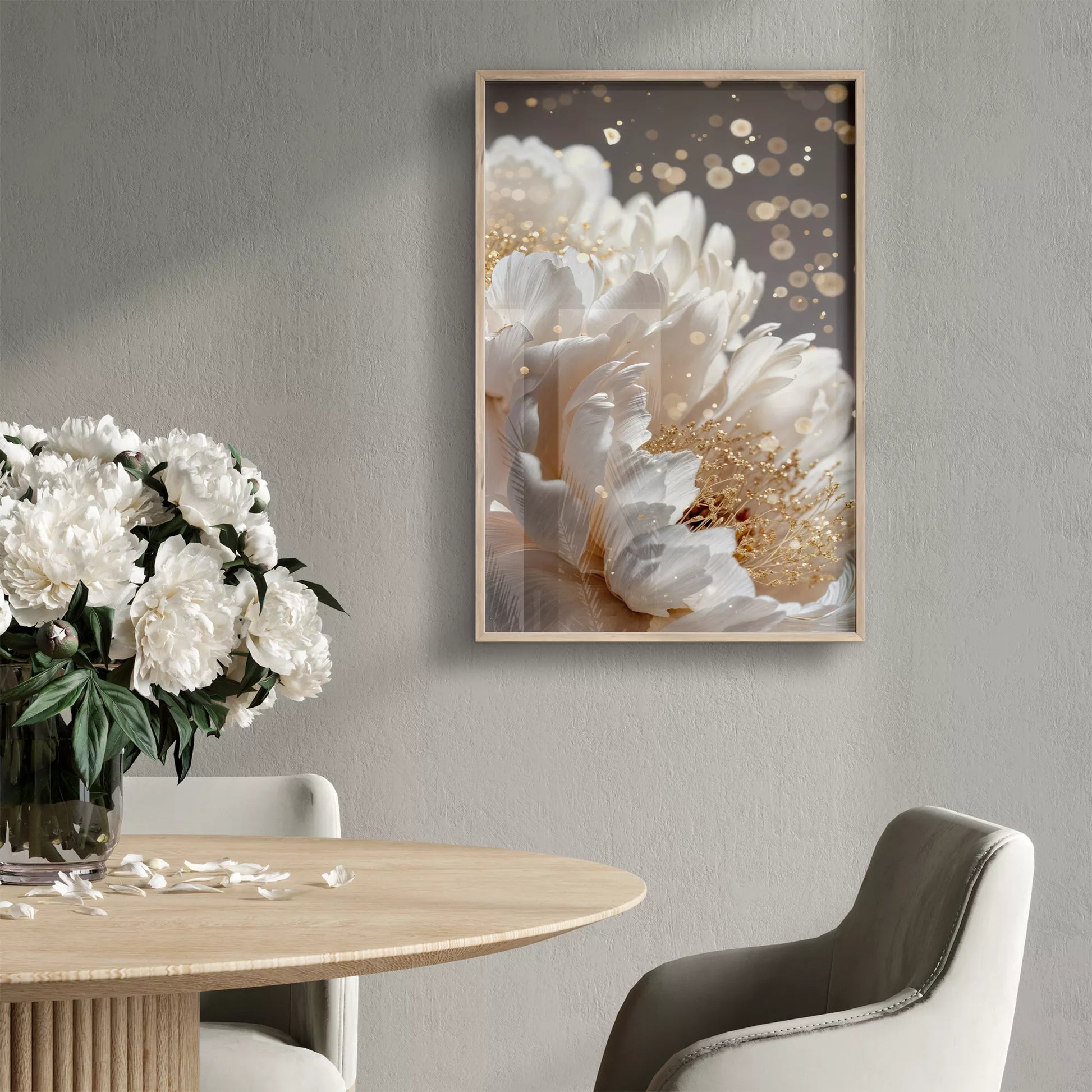 白い花とゴールドアクセントが美しいボタニカルアートポスター