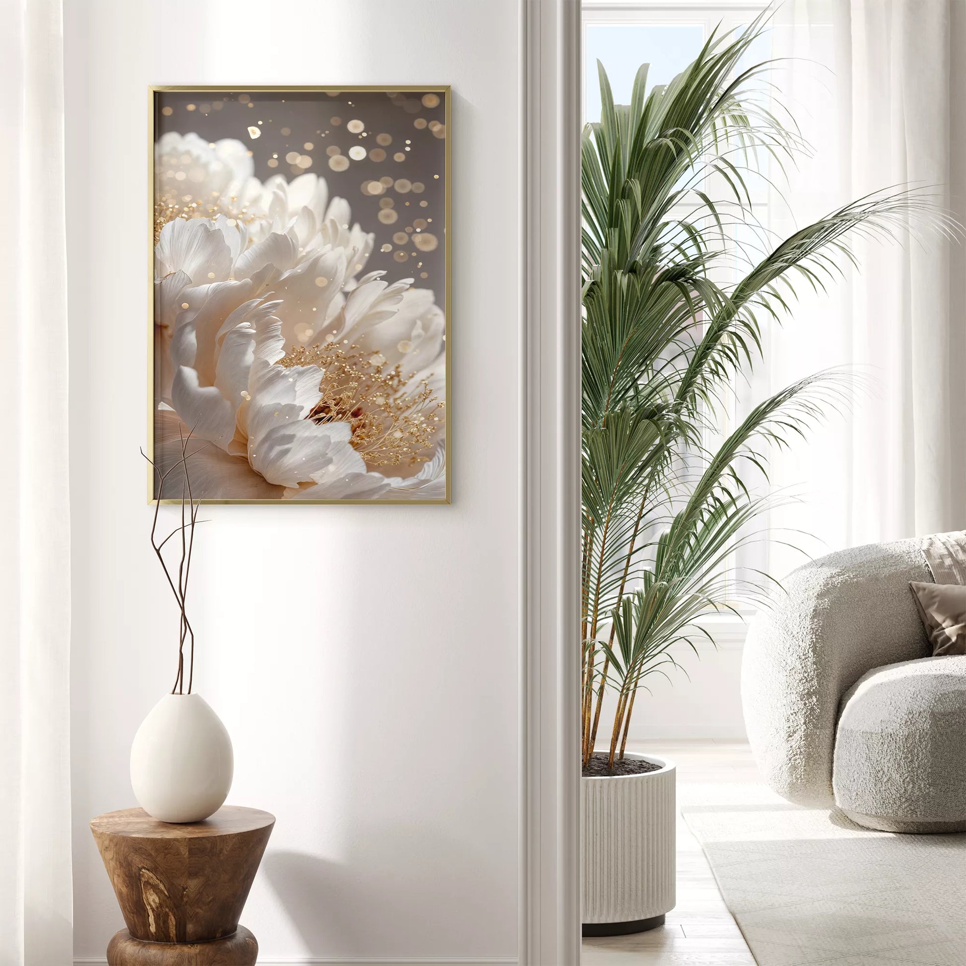 白い花とゴールドアクセントが美しいボタニカルアートポスター