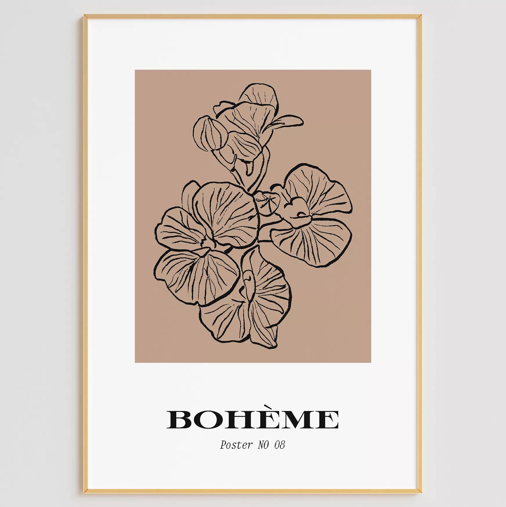 北欧デザインの花ボタニカル線画アートポスター ベージュ シンプルモダン