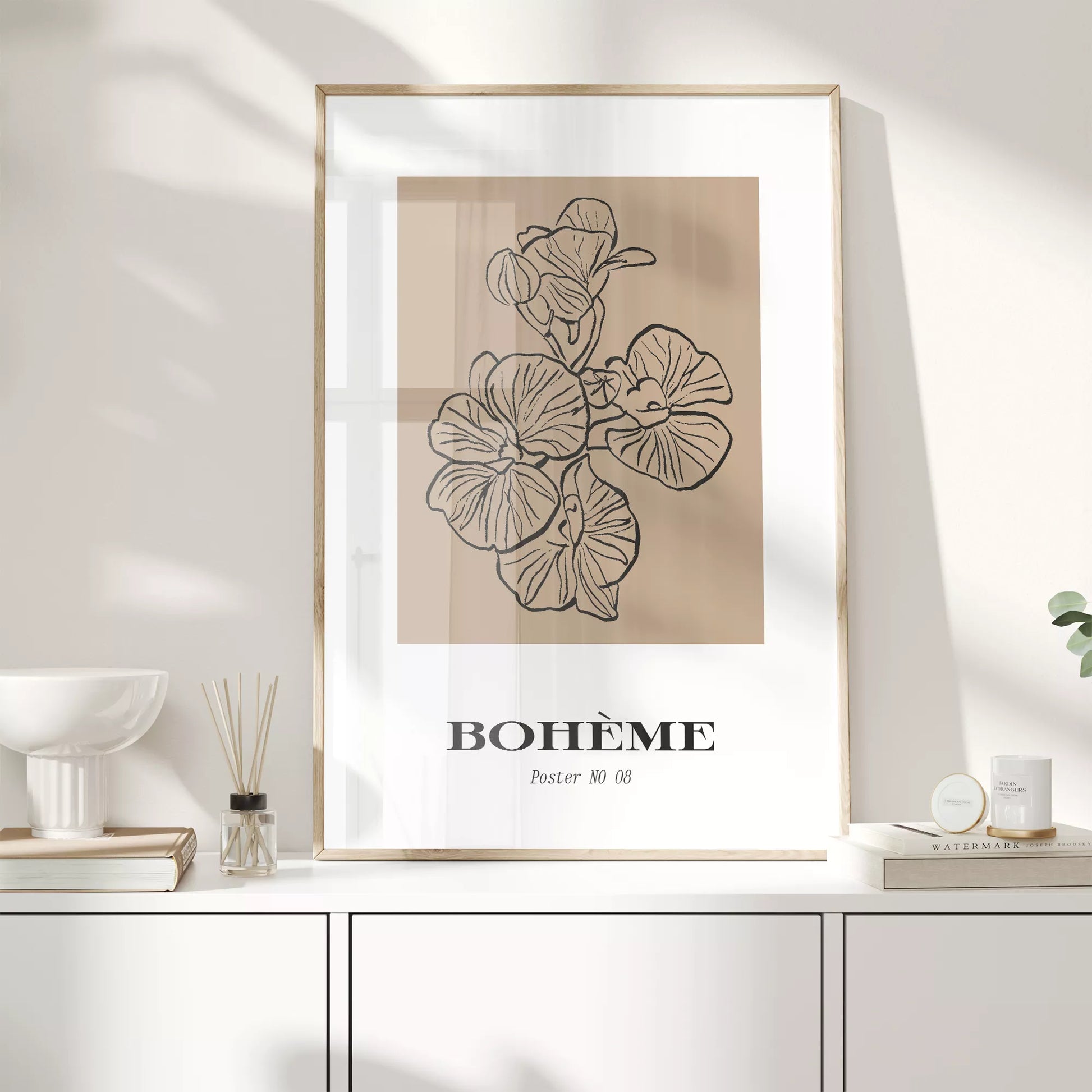 北欧デザインの花ボタニカル線画アートポスター ベージュ シンプルモダン