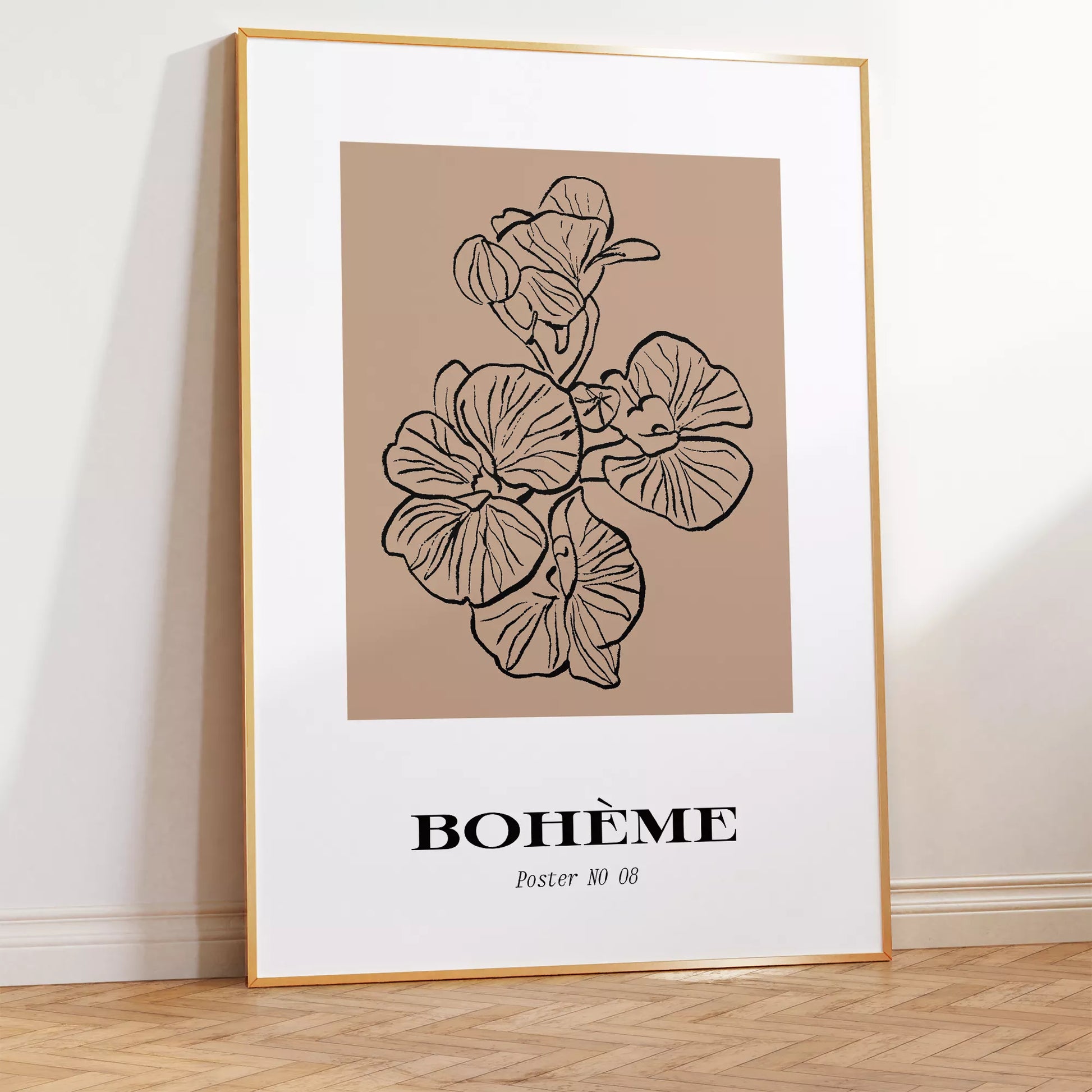北欧デザインの花ボタニカル線画アートポスター ベージュ シンプルモダン