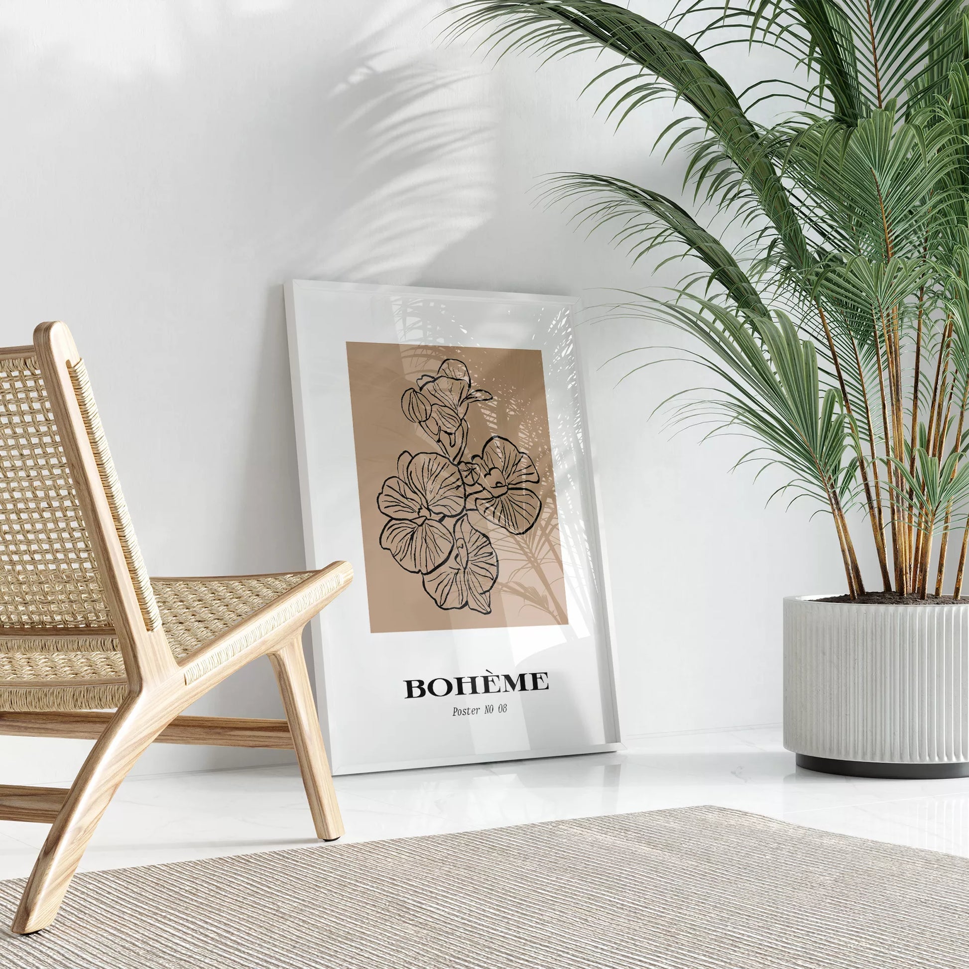 北欧デザインの花ボタニカル線画アートポスター ベージュ シンプルモダン