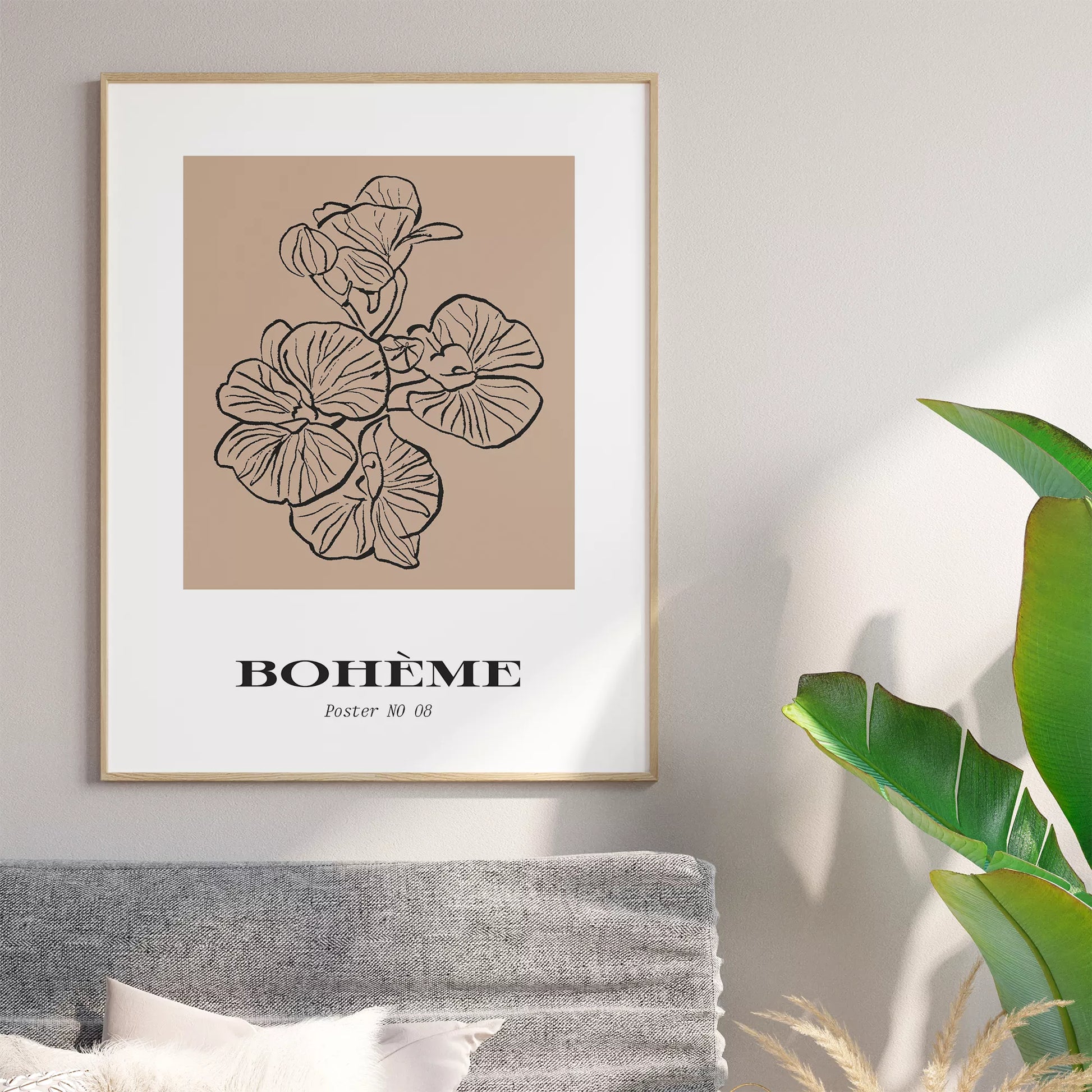 北欧デザインの花ボタニカル線画アートポスター ベージュ シンプルモダン