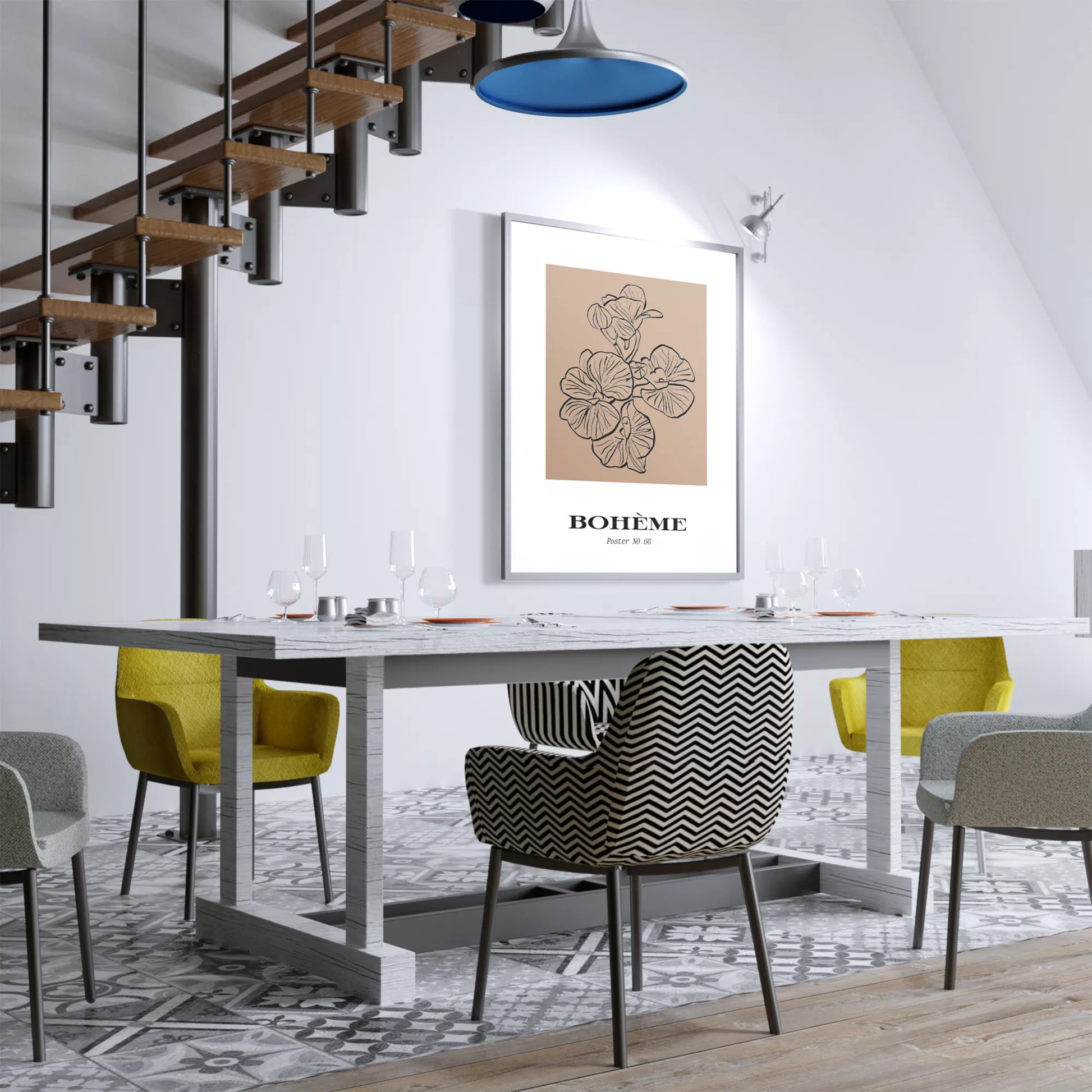 北欧デザインの花ボタニカル線画アートポスター ベージュ シンプルモダン