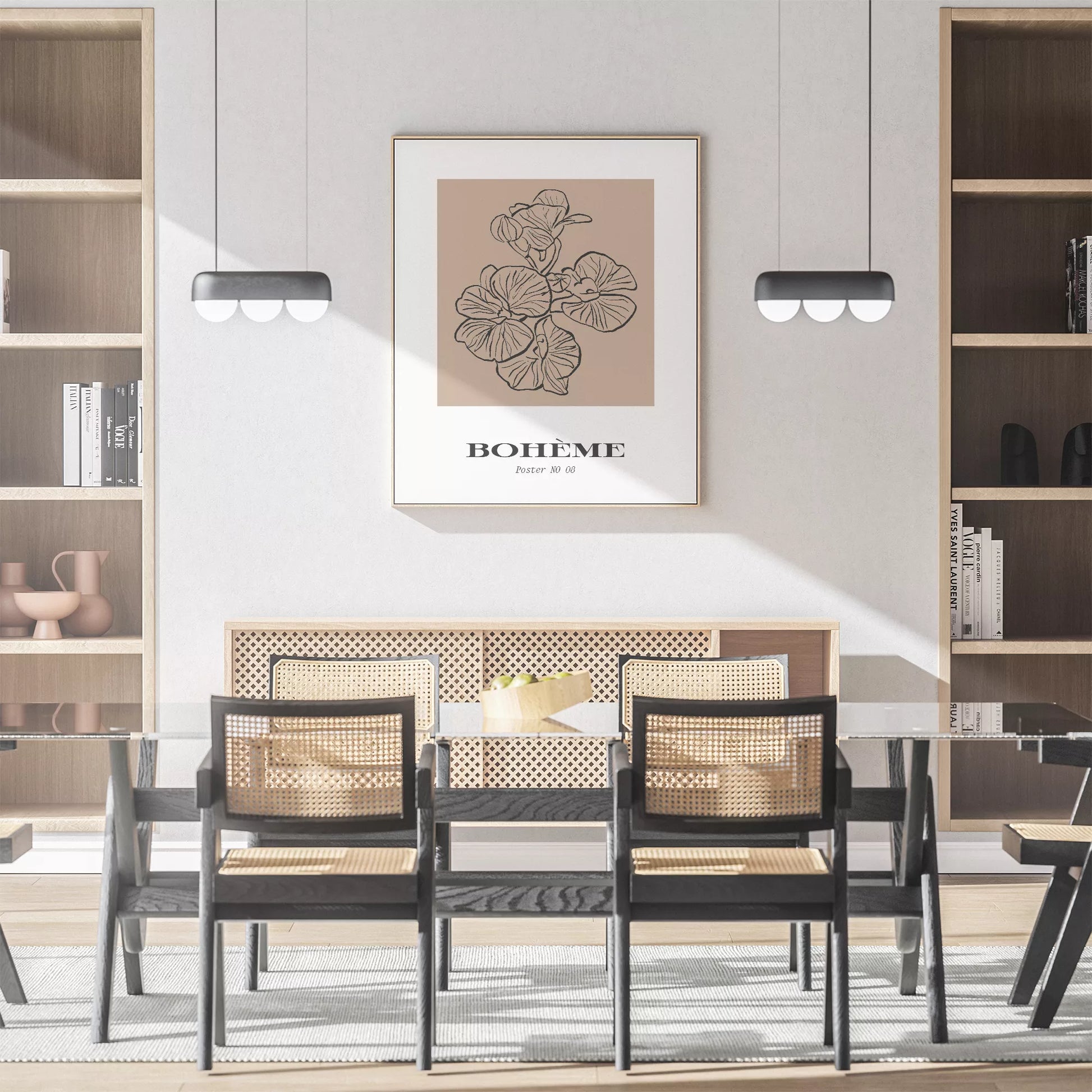 北欧デザインの花ボタニカル線画アートポスター ベージュ シンプルモダン