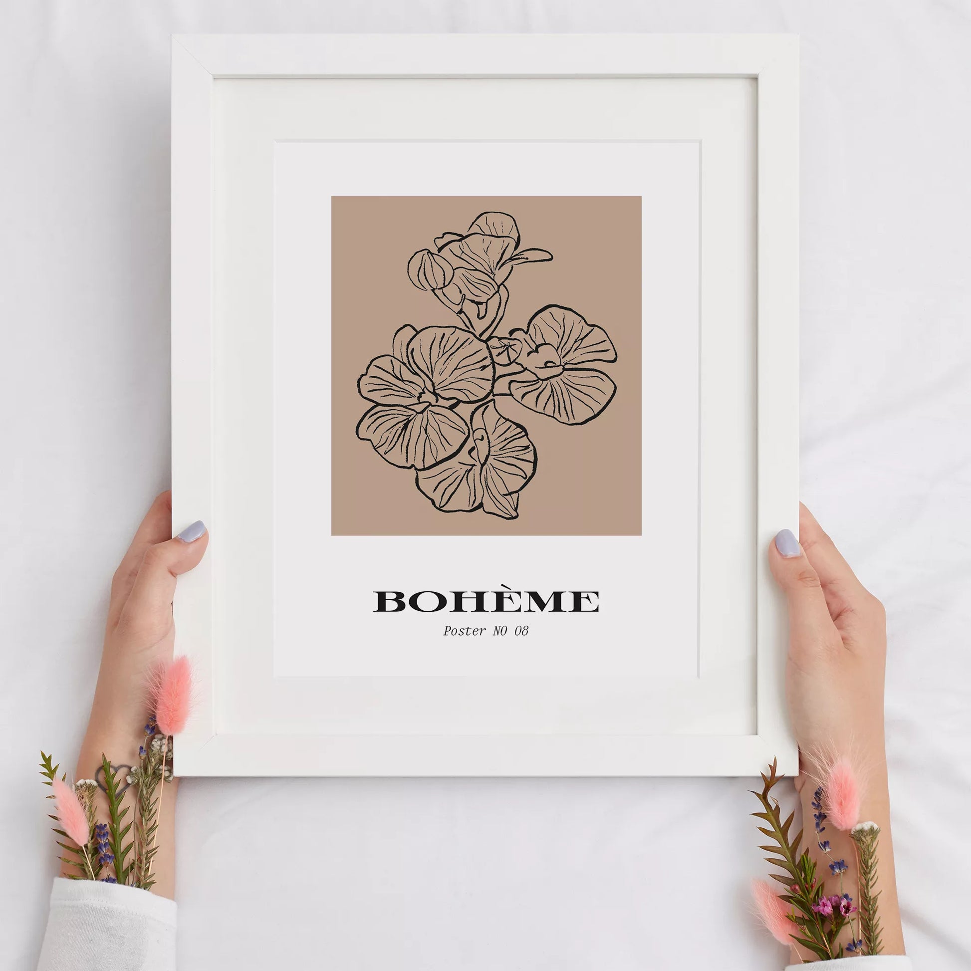北欧デザインの花ボタニカル線画アートポスター ベージュ シンプルモダン