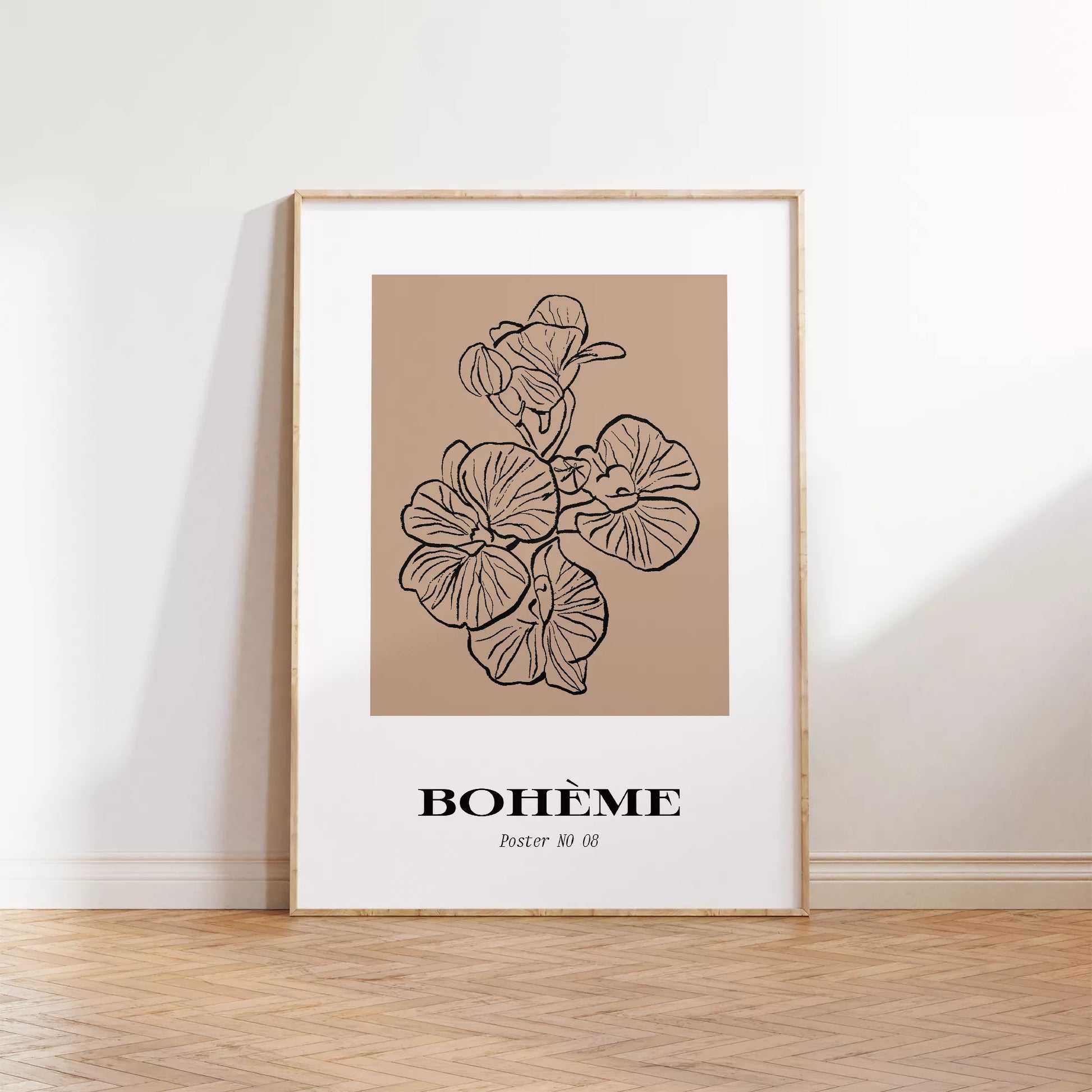 北欧デザインの花ボタニカル線画アートポスター ベージュ シンプルモダン