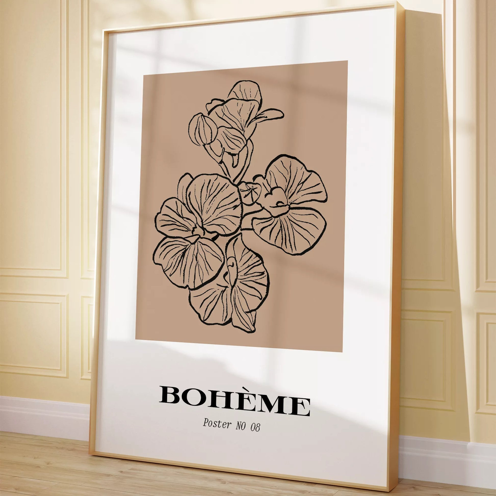 北欧デザインの花ボタニカル線画アートポスター ベージュ シンプルモダン