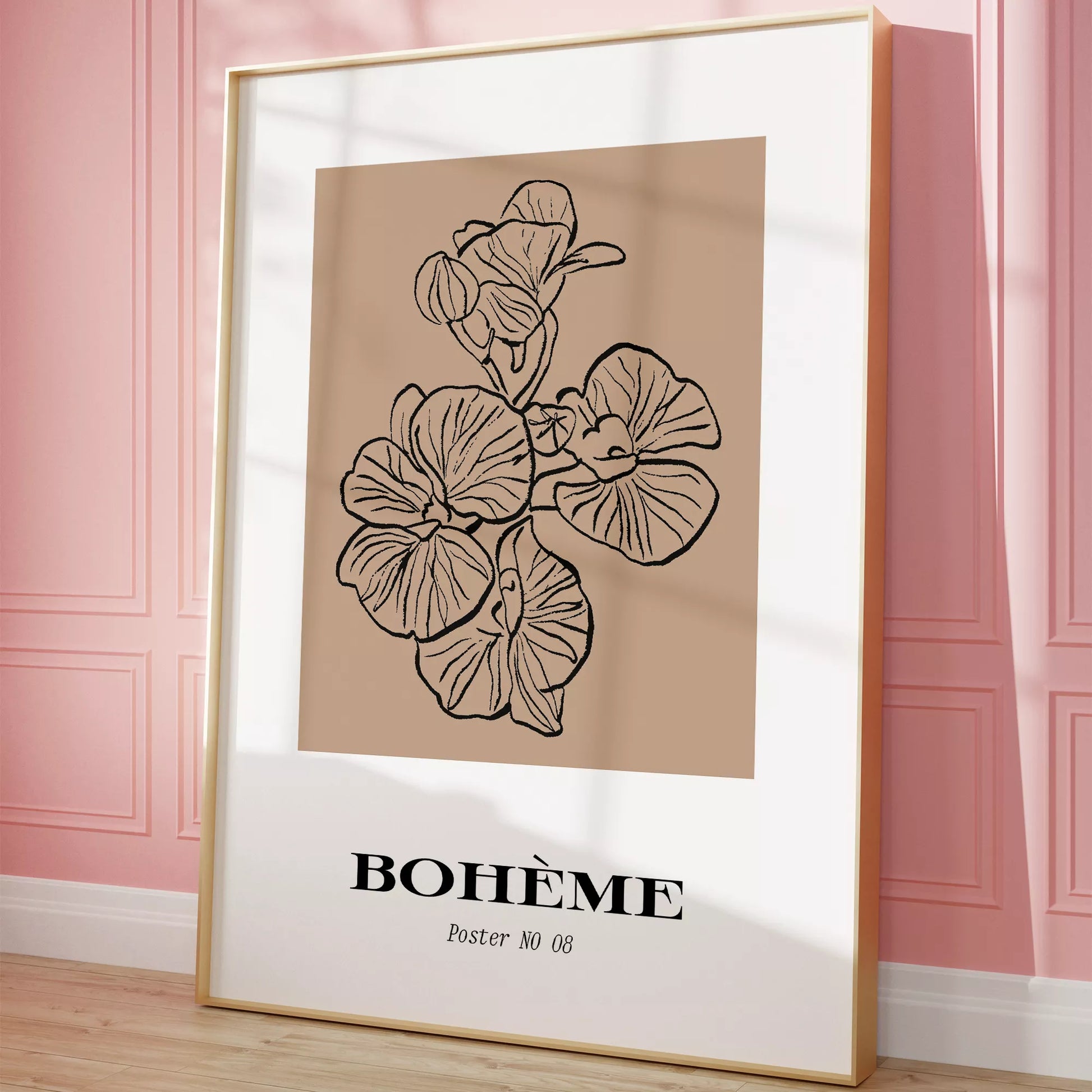北欧デザインの花ボタニカル線画アートポスター ベージュ シンプルモダン