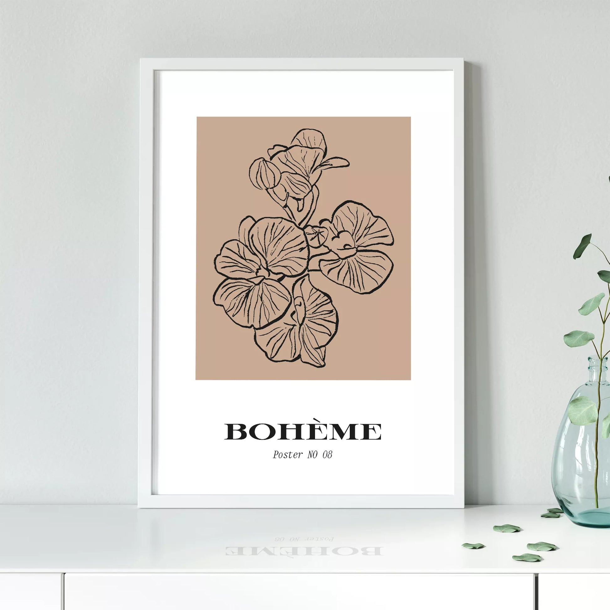北欧デザインの花ボタニカル線画アートポスター ベージュ シンプルモダン