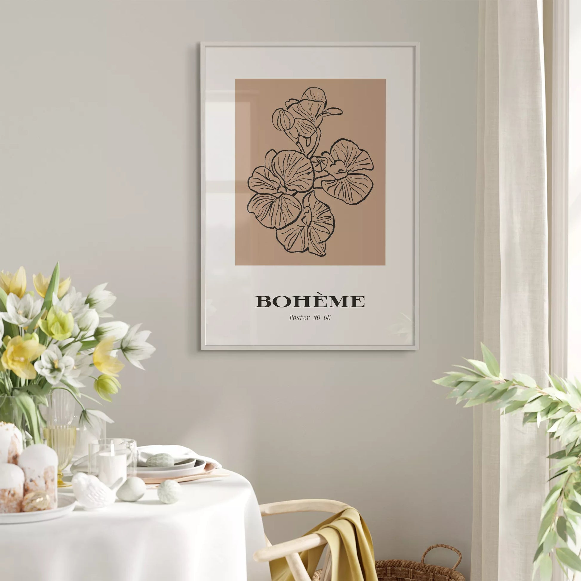 北欧デザインの花ボタニカル線画アートポスター ベージュ シンプルモダン