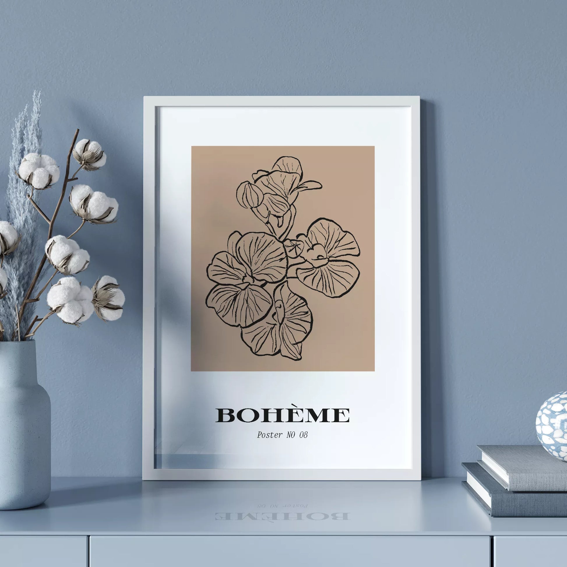 北欧デザインの花ボタニカル線画アートポスター ベージュ シンプルモダン