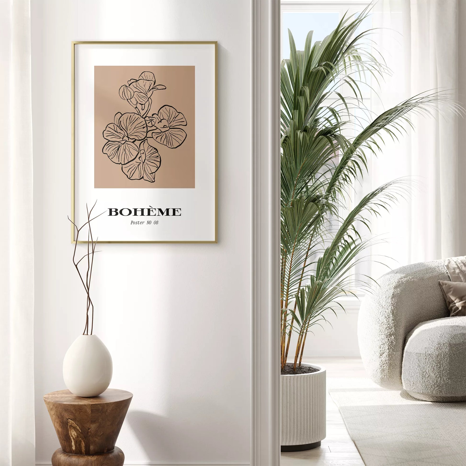北欧デザインの花ボタニカル線画アートポスター ベージュ シンプルモダン