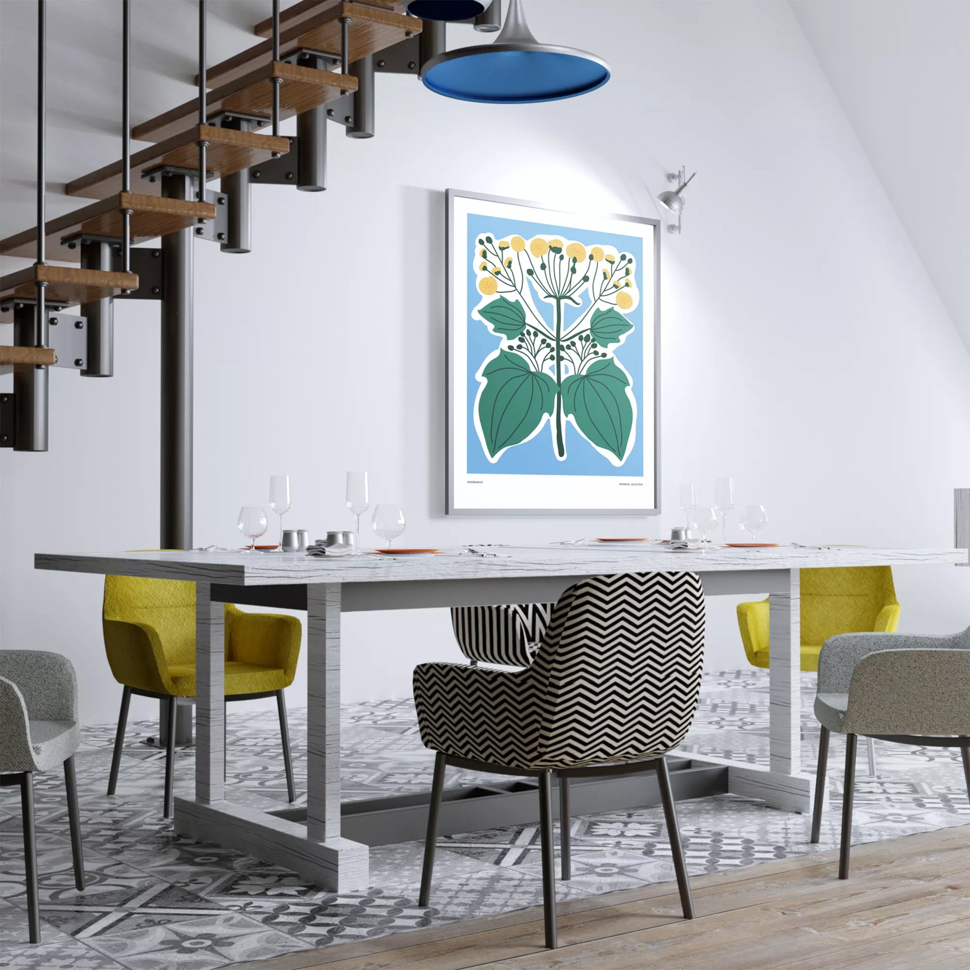 北欧デザインの葉と黄色い実のボタニカルアートポスター ブルー背景