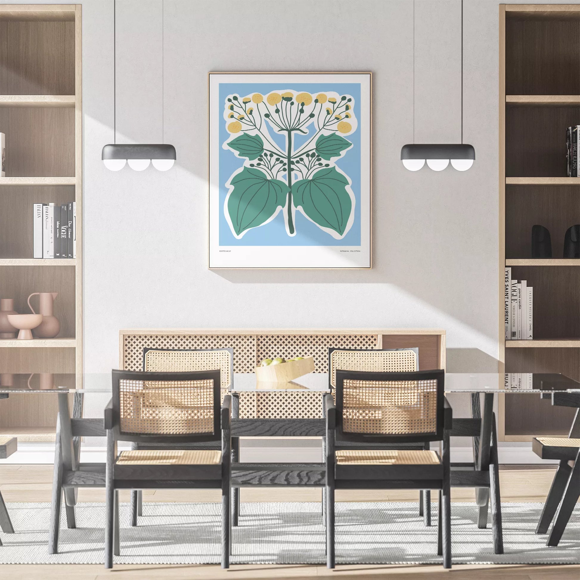 北欧デザインの葉と黄色い実のボタニカルアートポスター ブルー背景