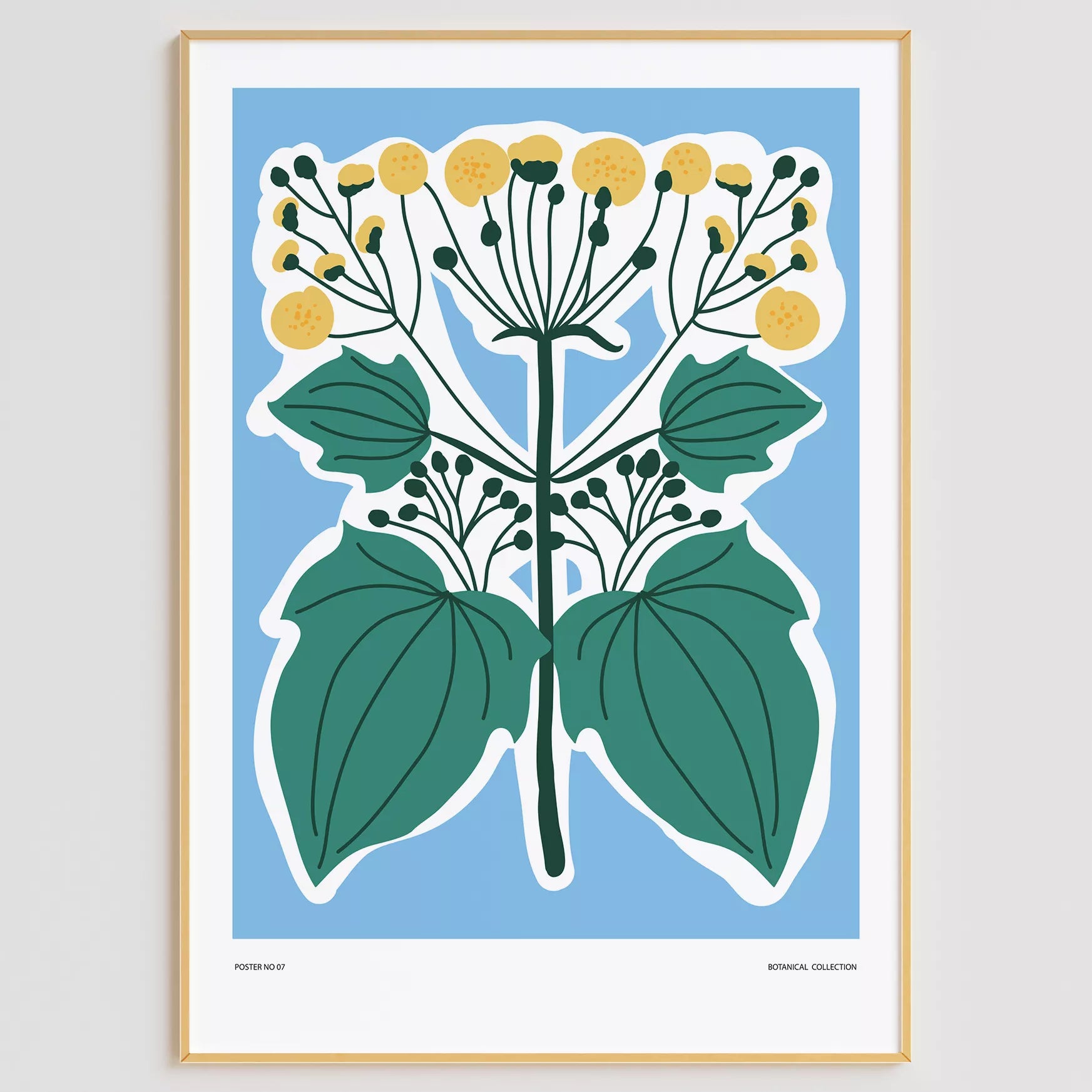 北欧デザインの葉と黄色い実のボタニカルアートポスター ブルー背景