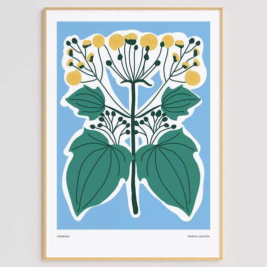 北欧デザインの葉と黄色い実のボタニカルアートポスター ブルー背景