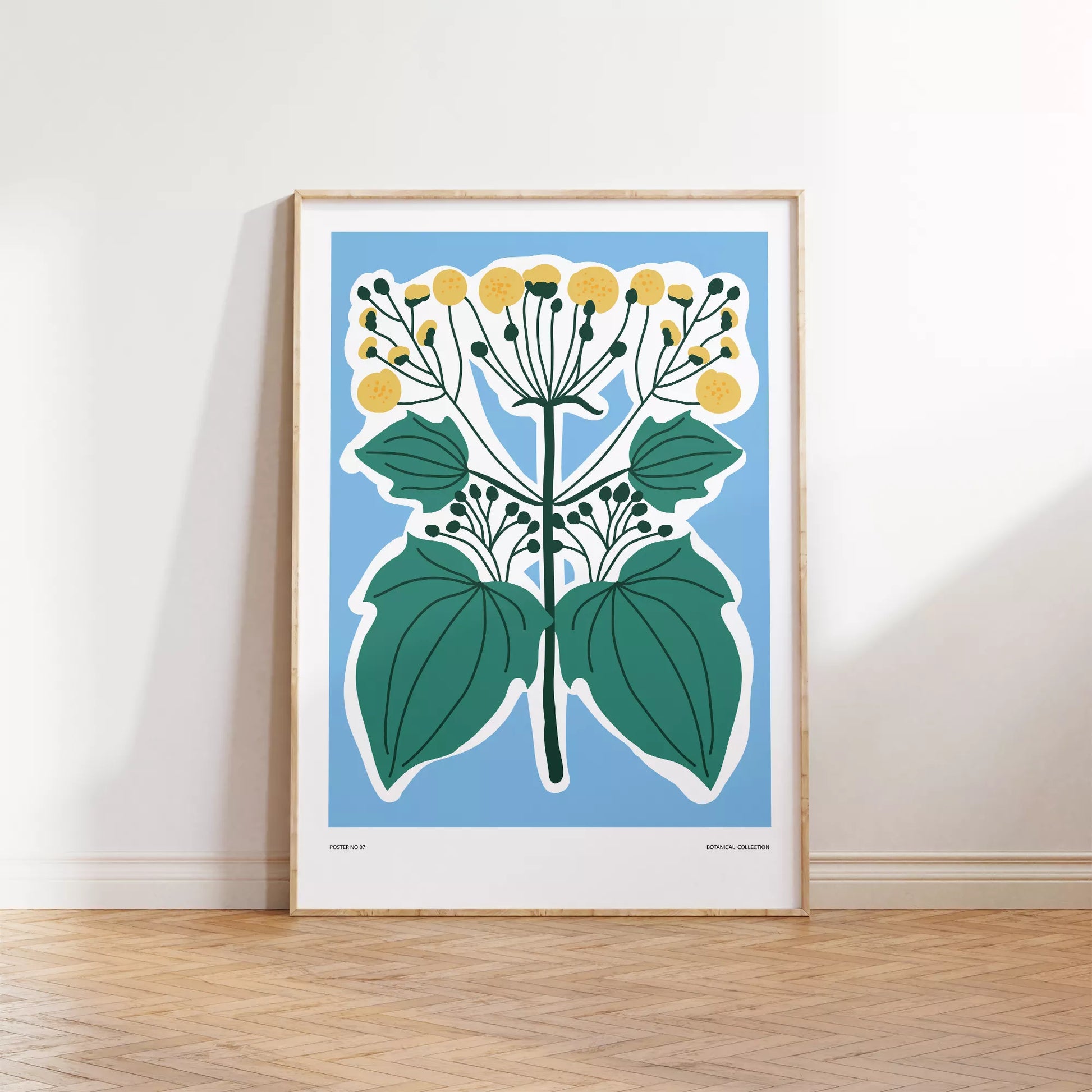 北欧デザインの葉と黄色い実のボタニカルアートポスター ブルー背景