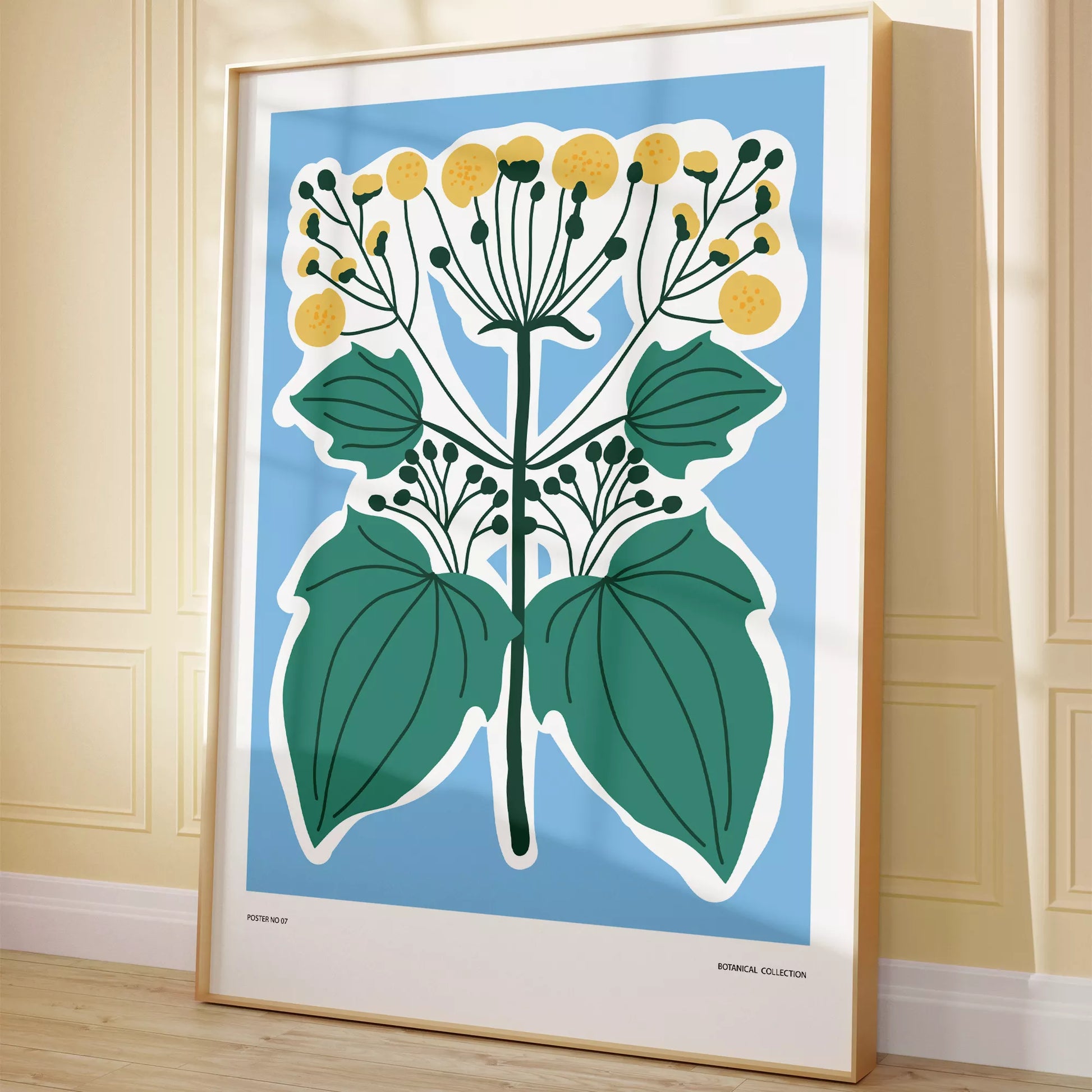 北欧デザインの葉と黄色い実のボタニカルアートポスター ブルー背景