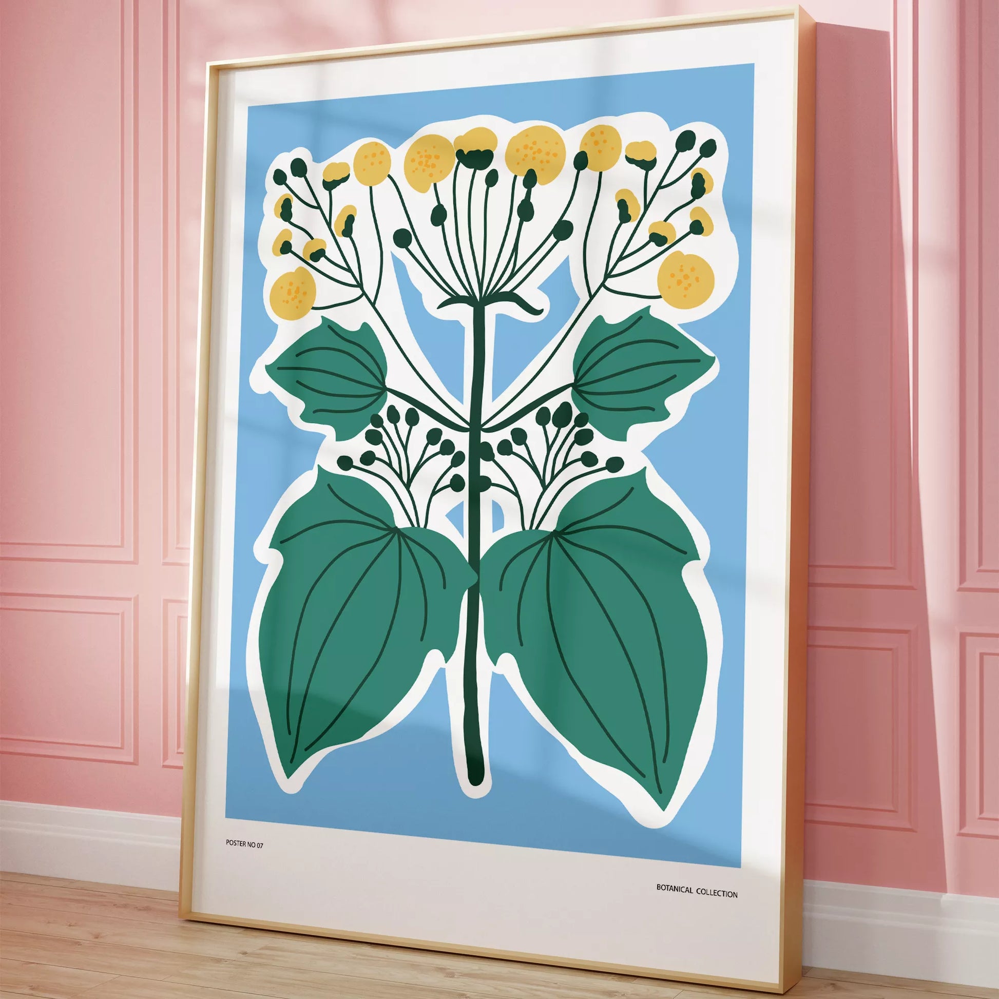 北欧デザインの葉と黄色い実のボタニカルアートポスター ブルー背景
