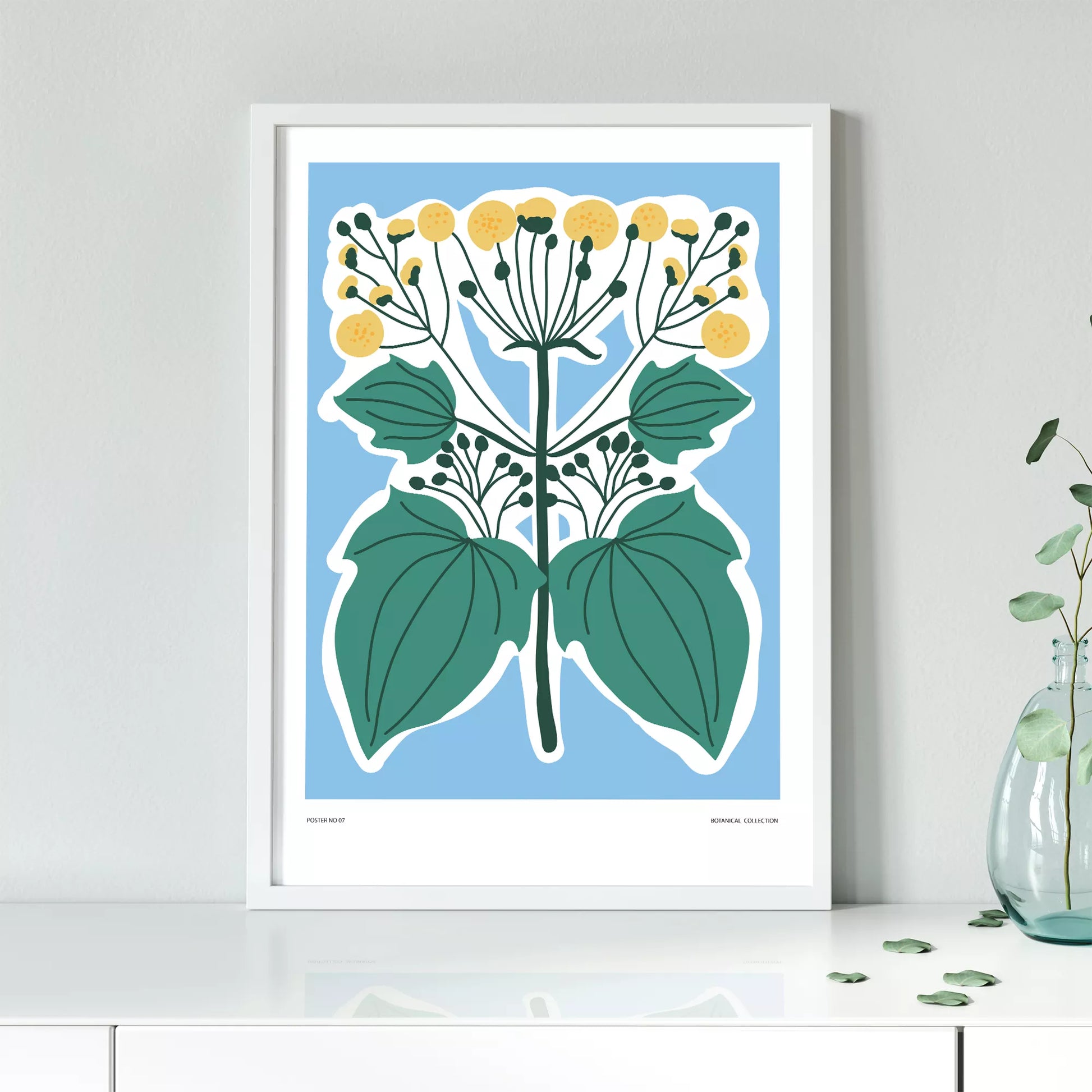 北欧デザインの葉と黄色い実のボタニカルアートポスター ブルー背景
