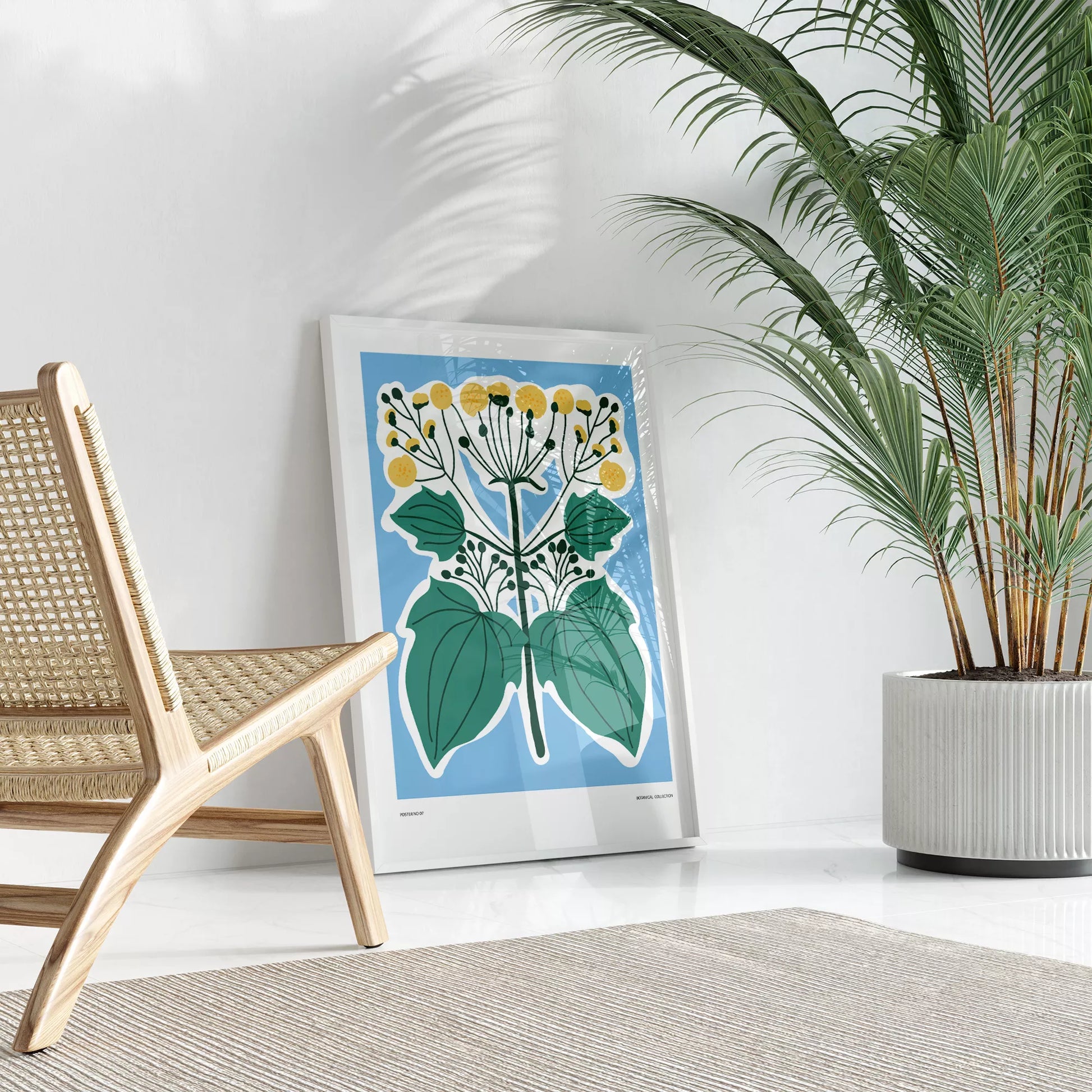 北欧デザインの葉と黄色い実のボタニカルアートポスター ブルー背景