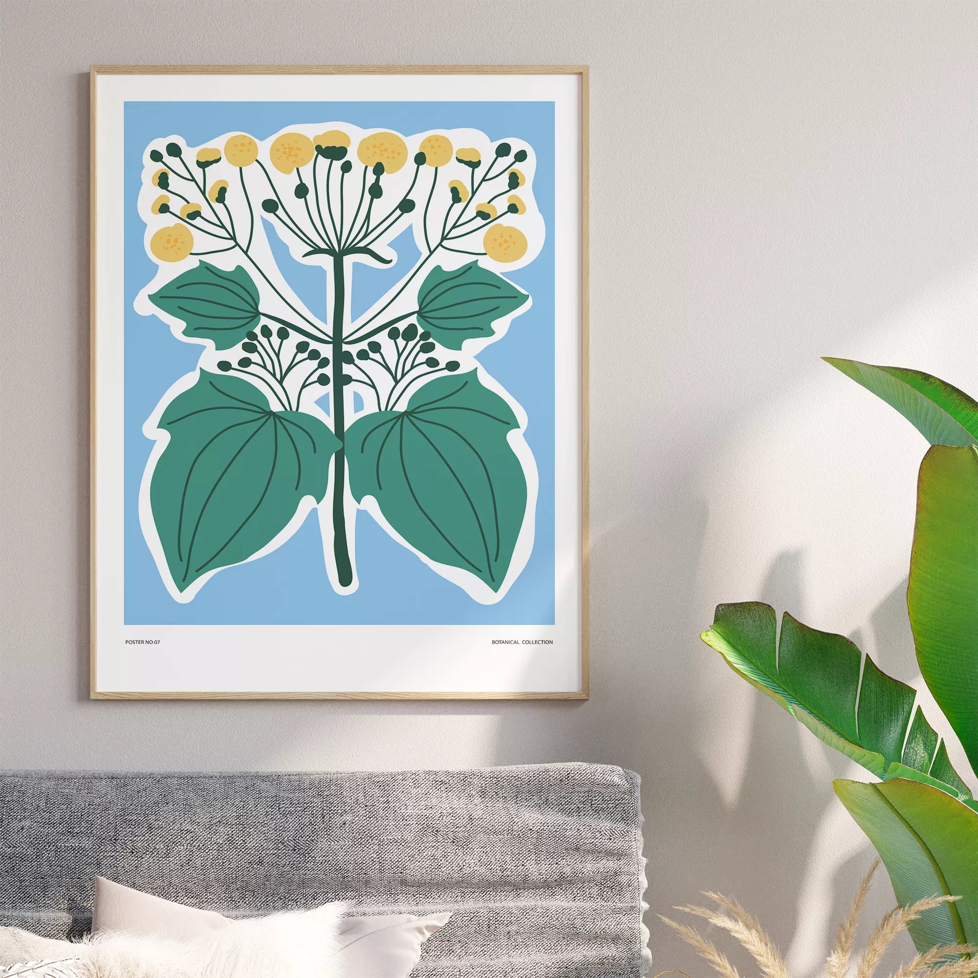 北欧デザインの葉と黄色い実のボタニカルアートポスター ブルー背景