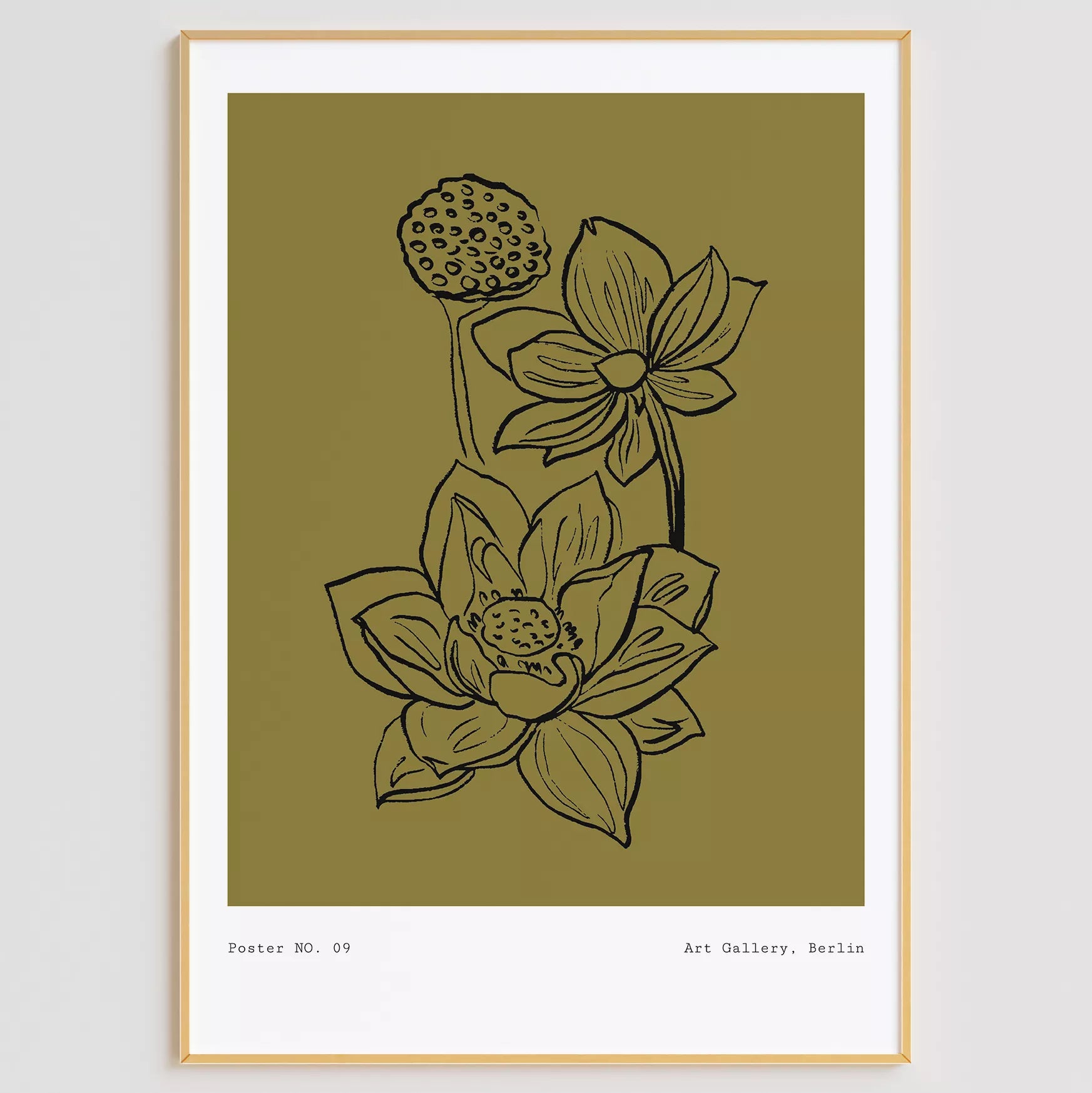 北欧デザインの蓮の花ボタニカル線画アートポスター オリーブ色 シンプルモダン