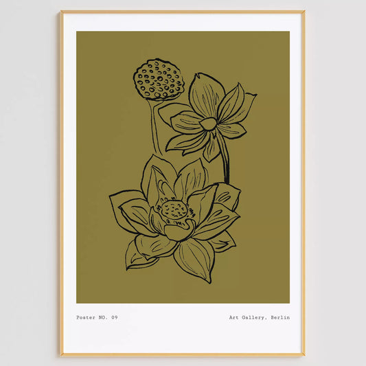北欧デザインの蓮の花ボタニカル線画アートポスター オリーブ色 シンプルモダン