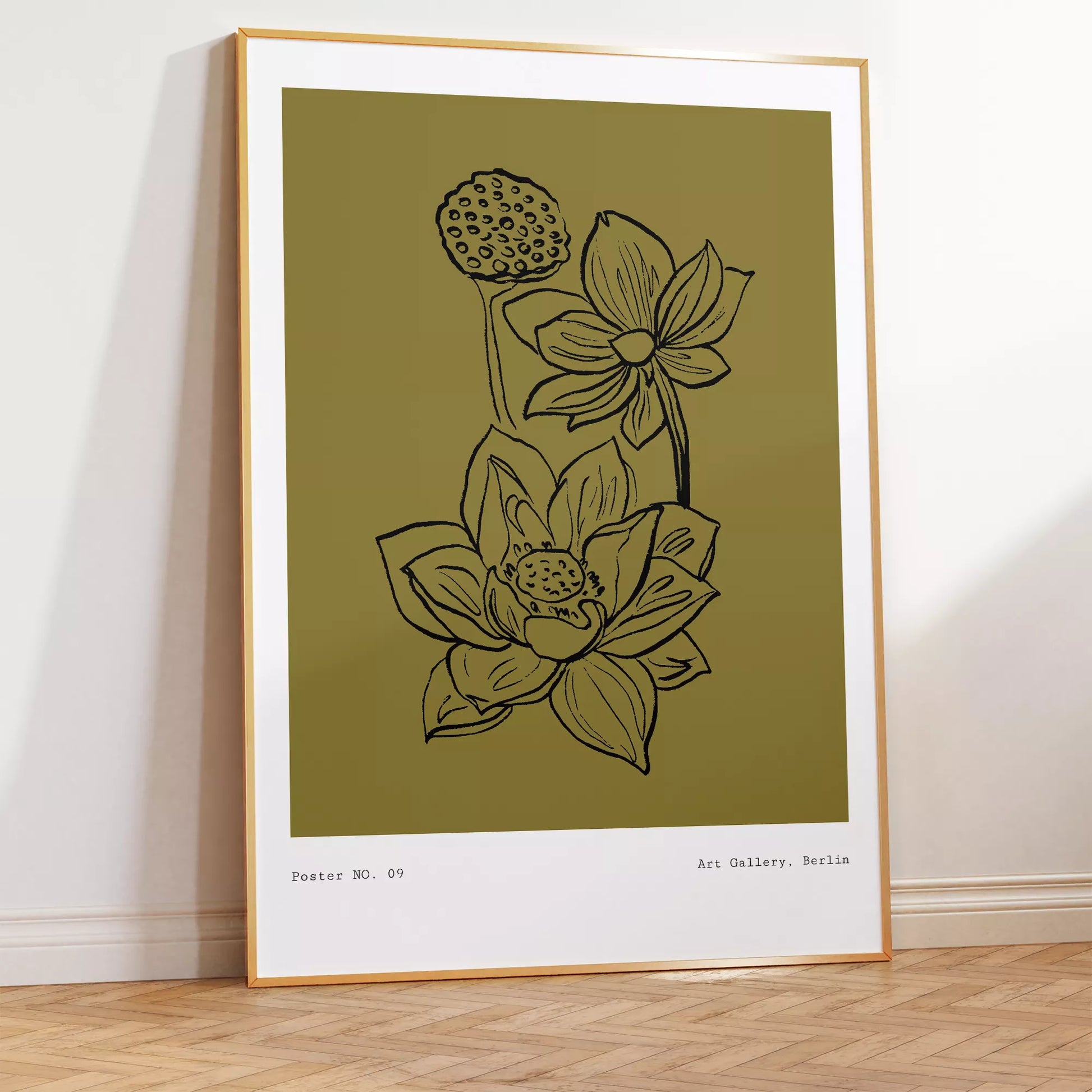 北欧デザインの蓮の花ボタニカル線画アートポスター オリーブ色 シンプルモダン