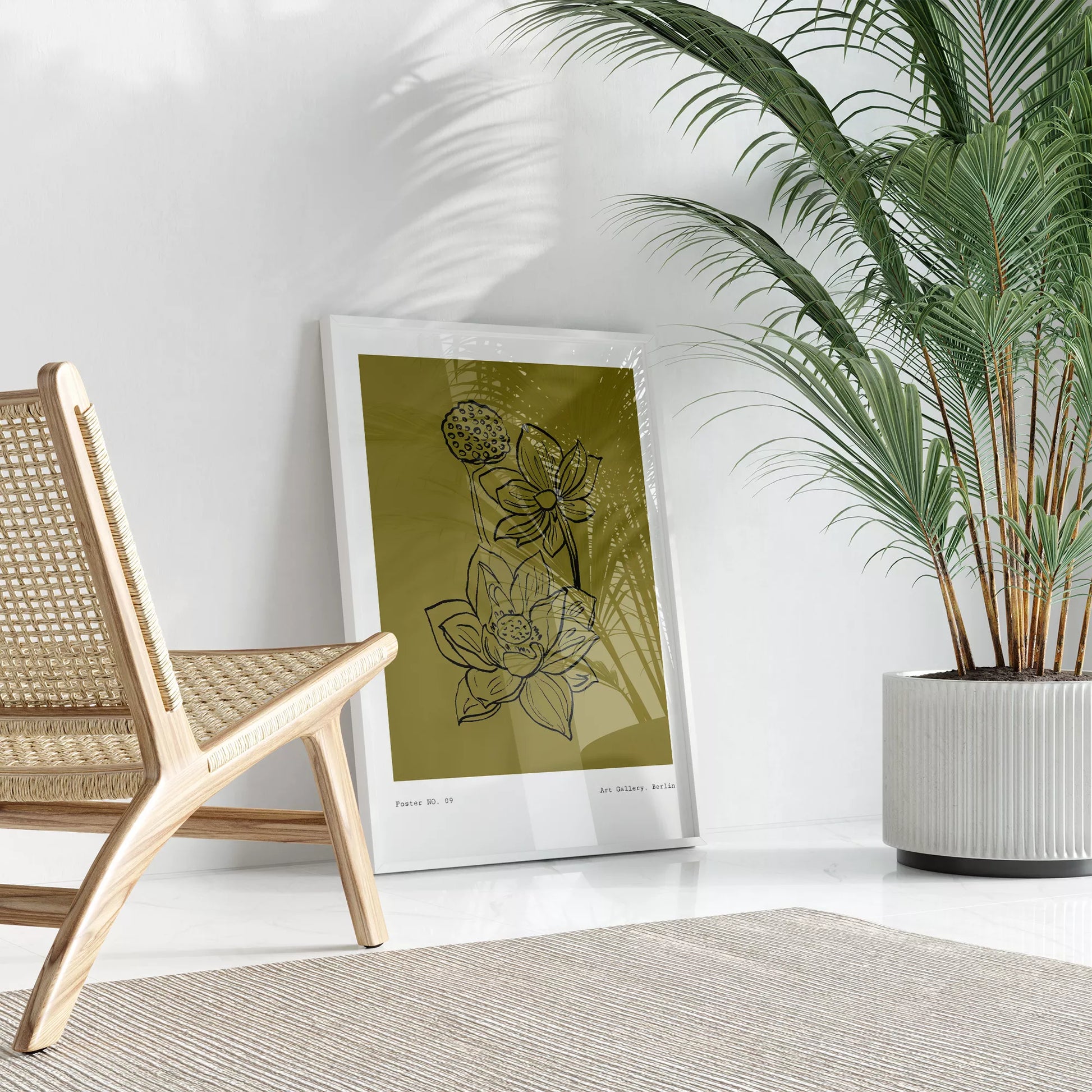 北欧デザインの蓮の花ボタニカル線画アートポスター オリーブ色 シンプルモダン