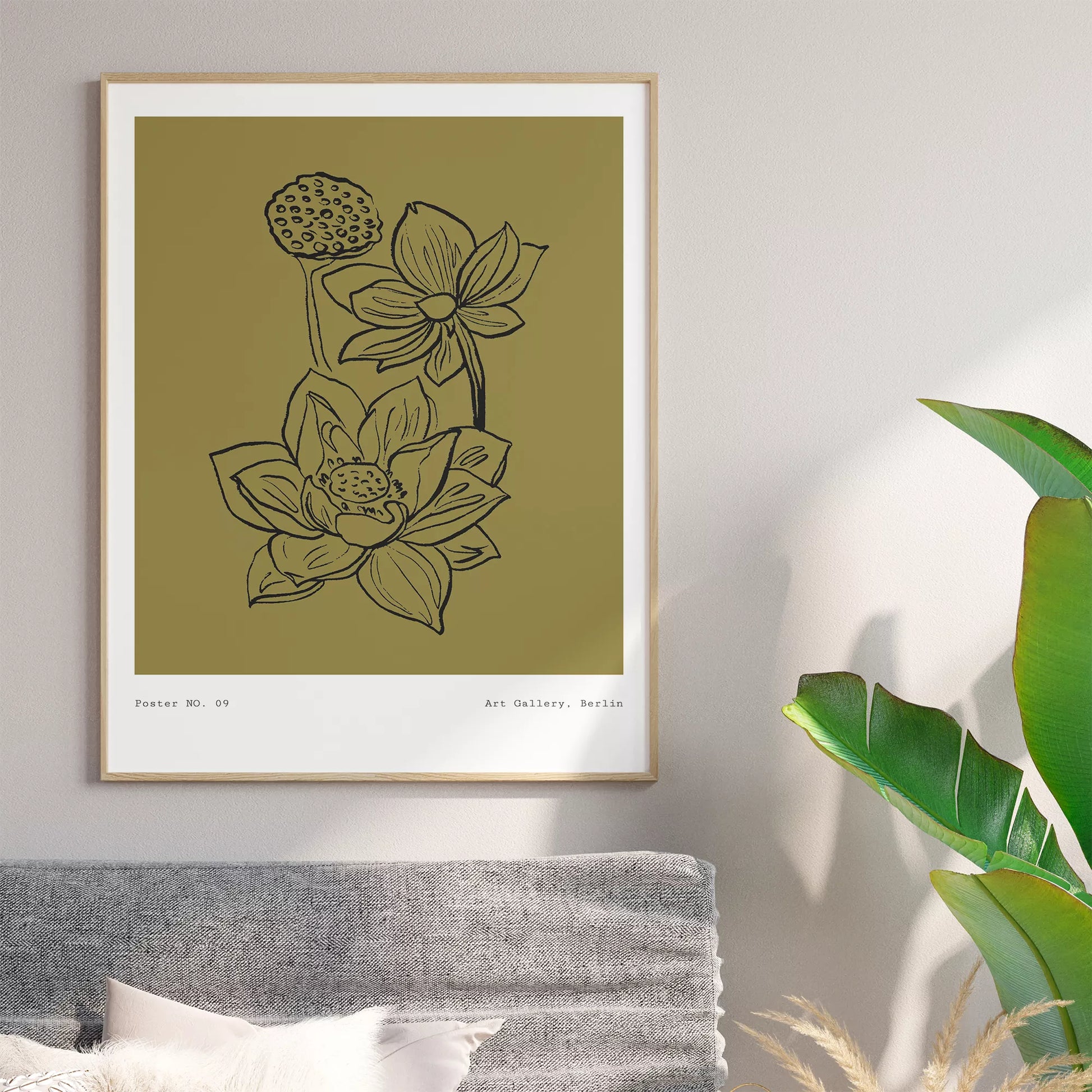 北欧デザインの蓮の花ボタニカル線画アートポスター オリーブ色 シンプルモダン