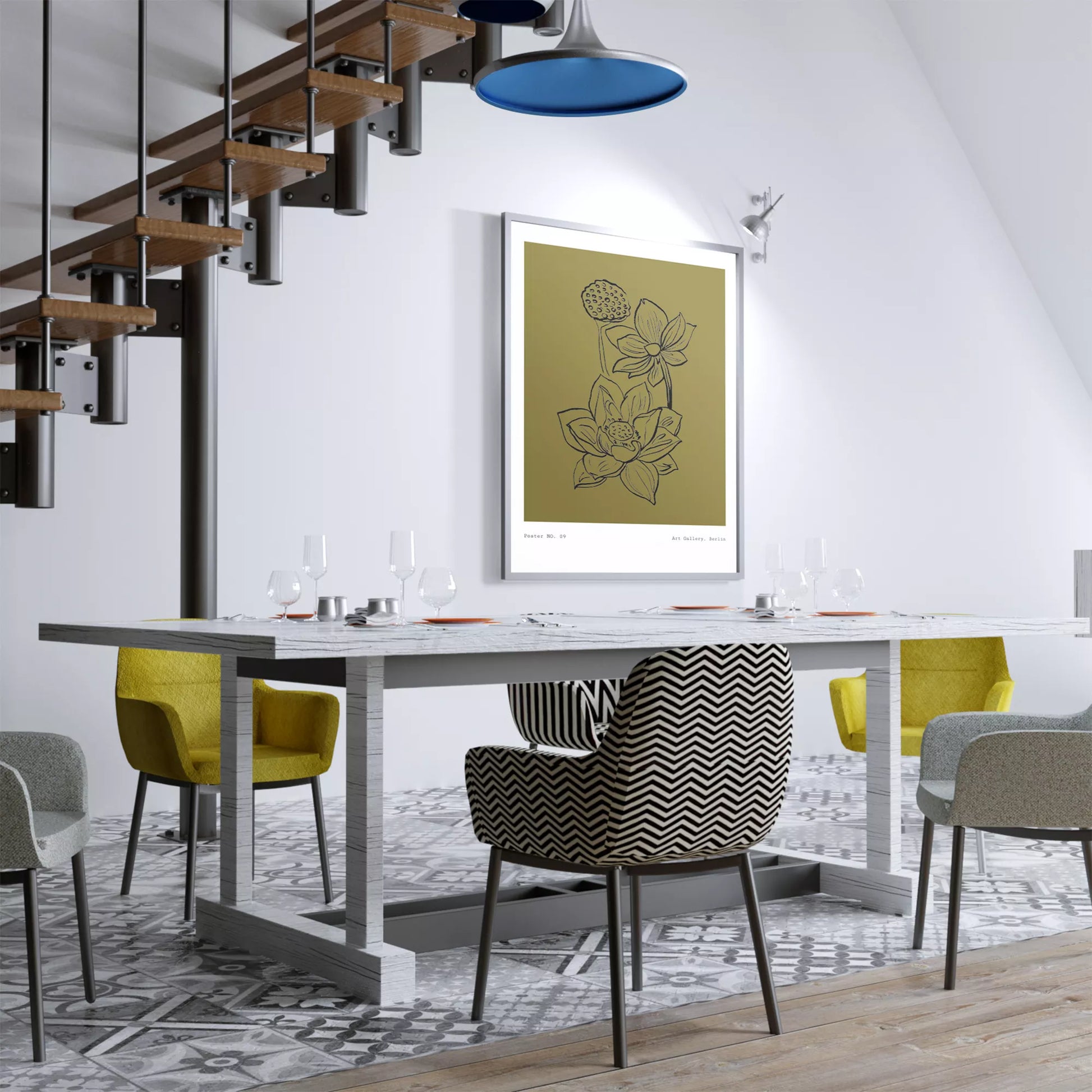 北欧デザインの蓮の花ボタニカル線画アートポスター オリーブ色 シンプルモダン