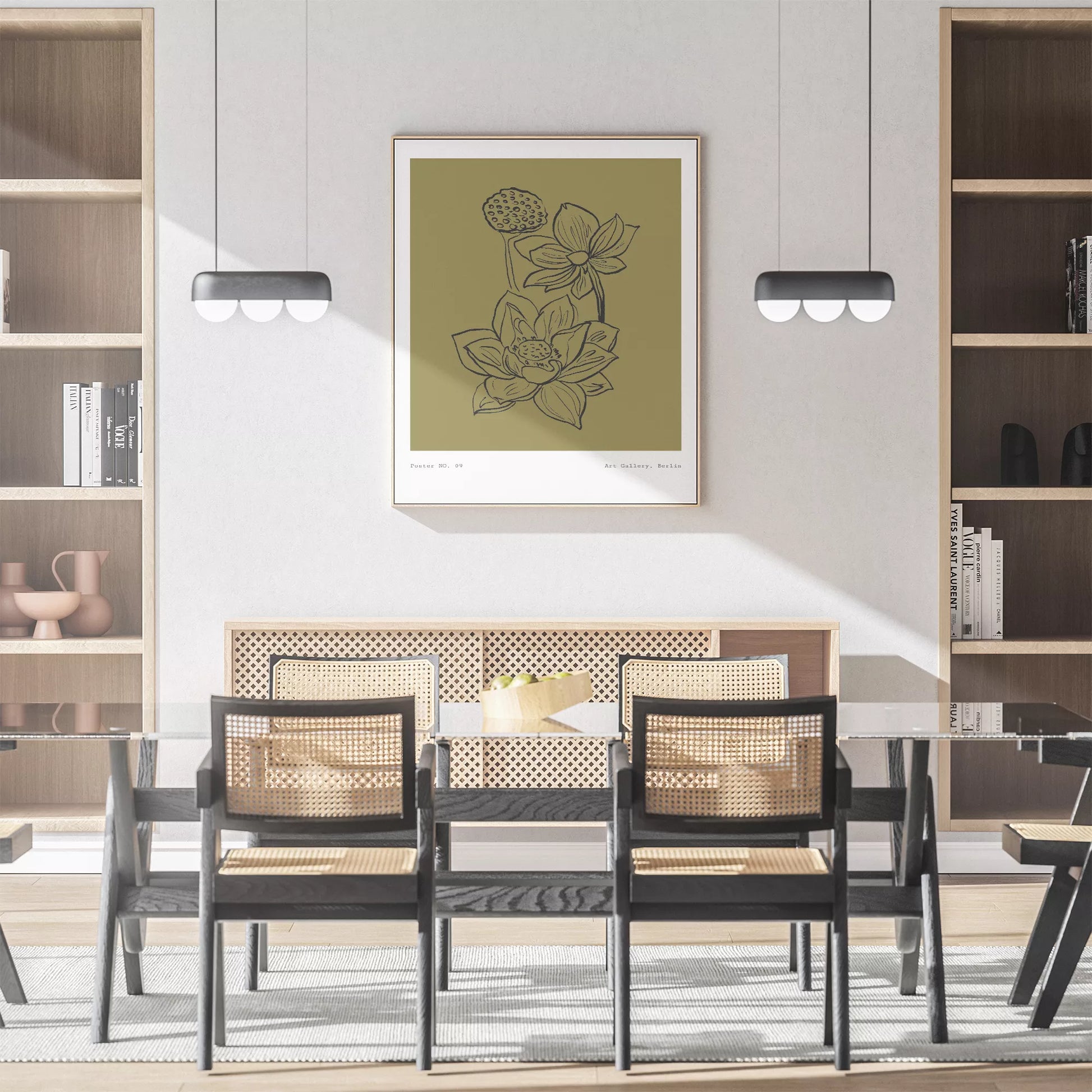 北欧デザインの蓮の花ボタニカル線画アートポスター オリーブ色 シンプルモダン