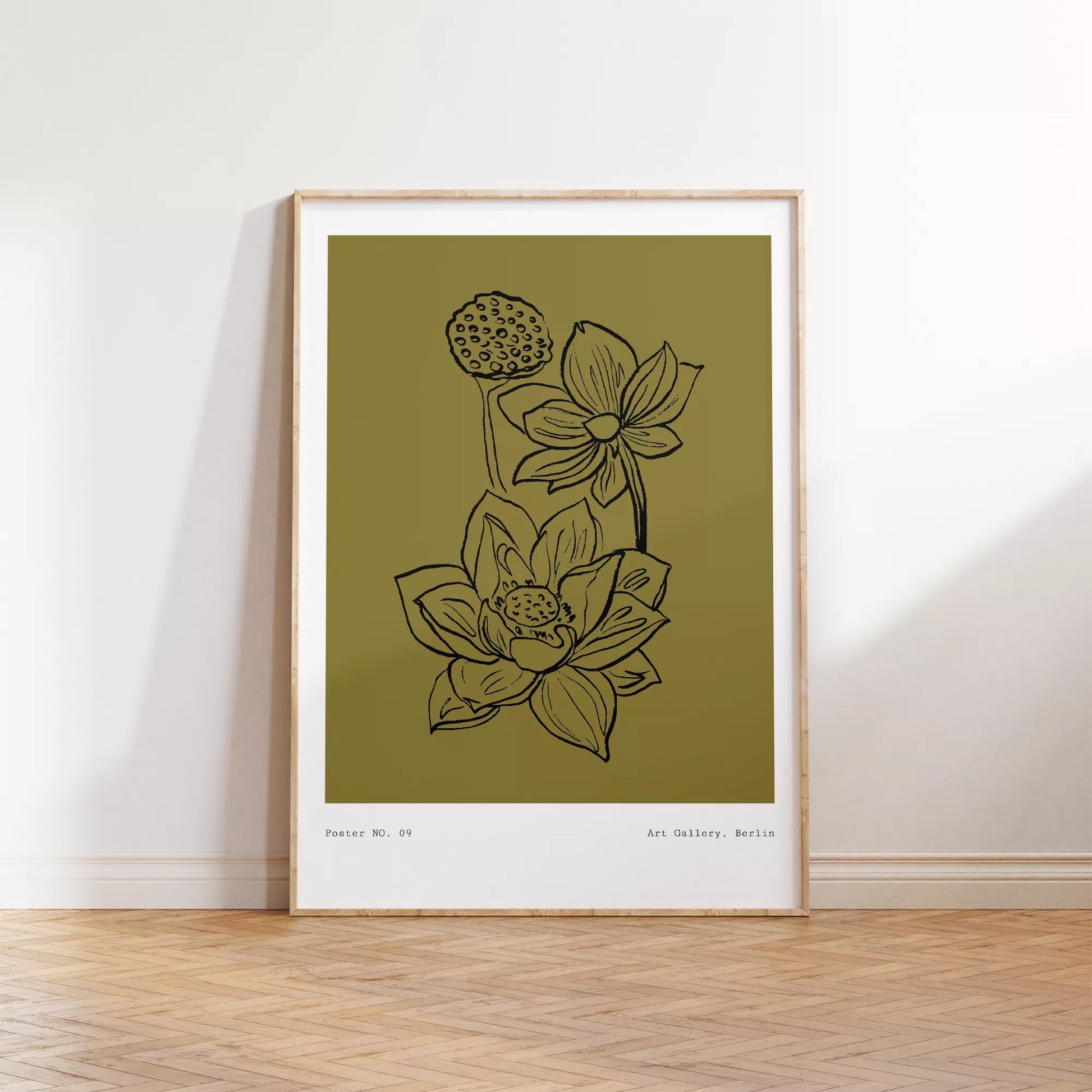 北欧デザインの蓮の花ボタニカル線画アートポスター オリーブ色 シンプルモダン